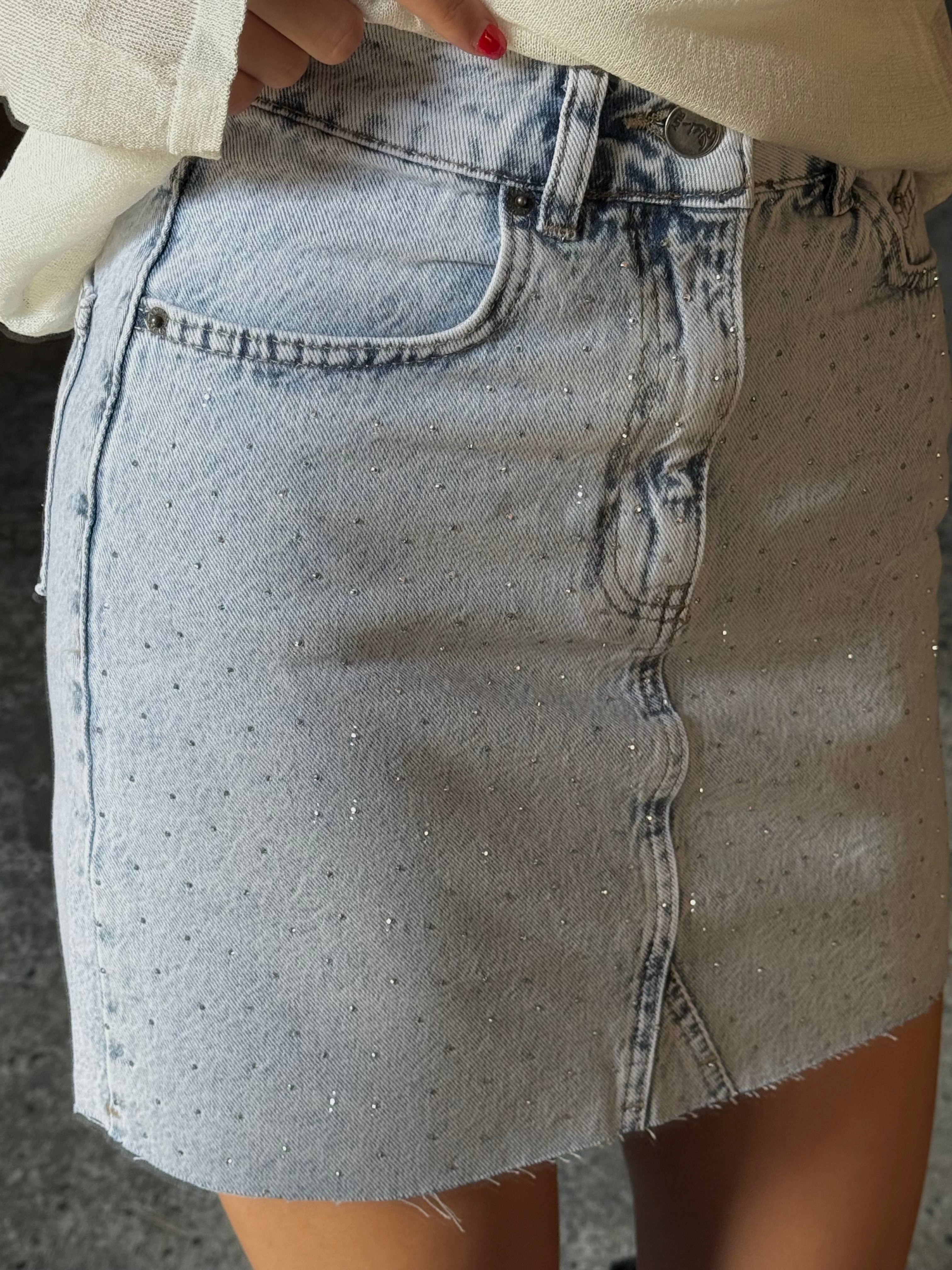 Silver Taş İşlemeli Denim Mini Etek
