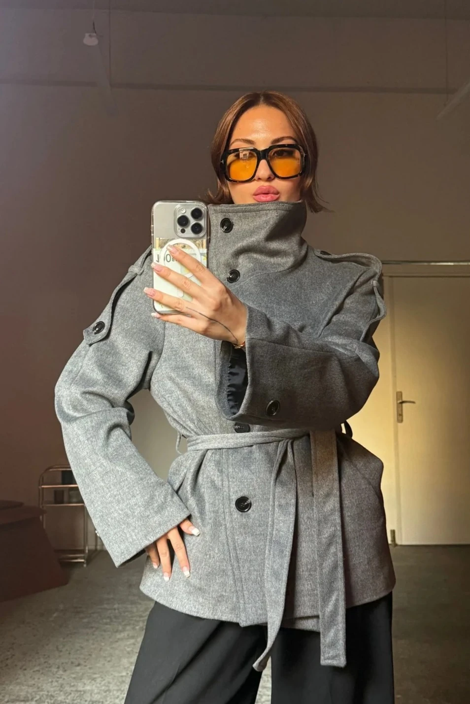 Dik Yaka Antrasit, Kuşaklı Trenç Ceket 