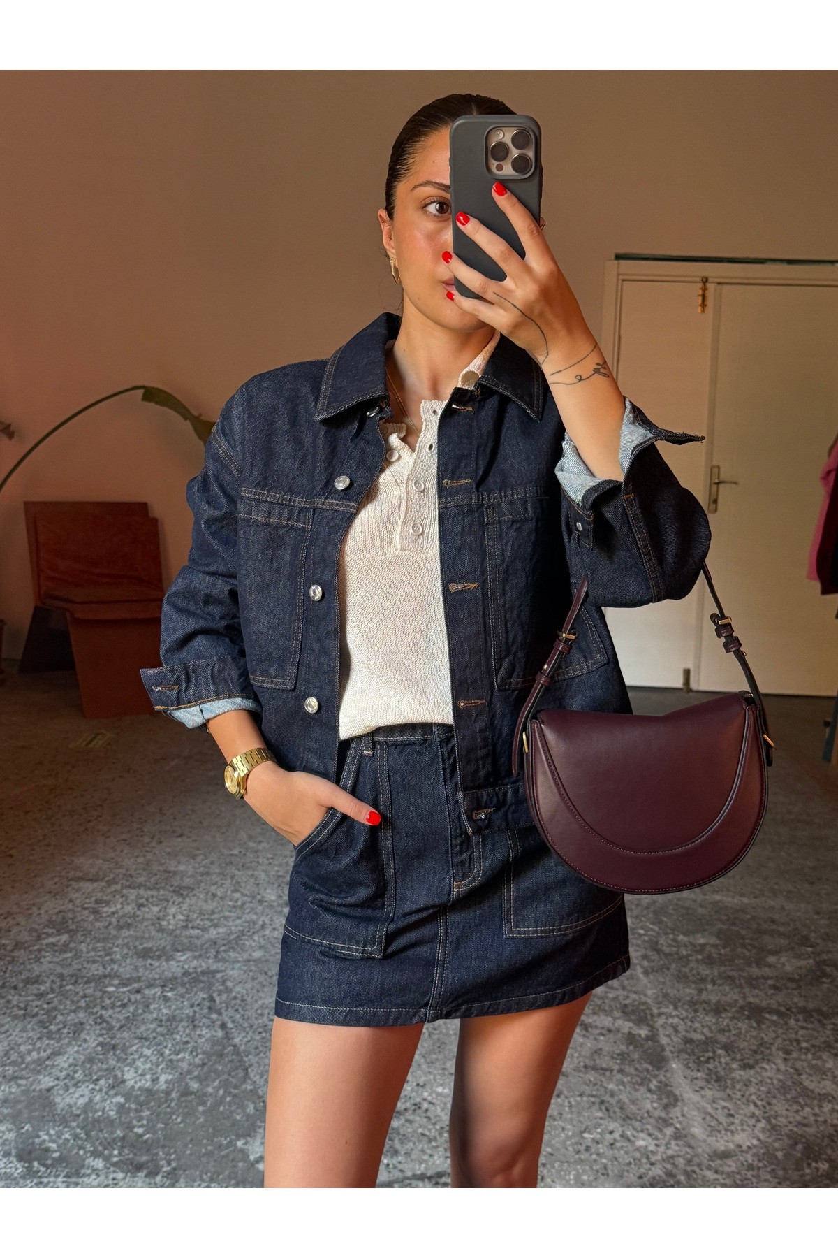 Denim Mini Etek (1 beden büyük tercih edilmeli)