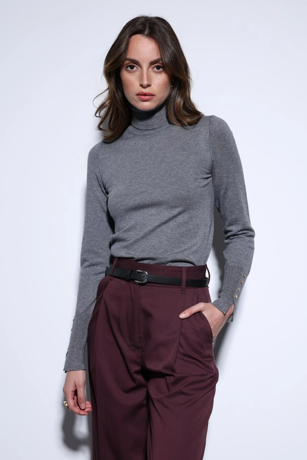 Balıkçı Yaka Düğme Detay Regular Triko Bluz