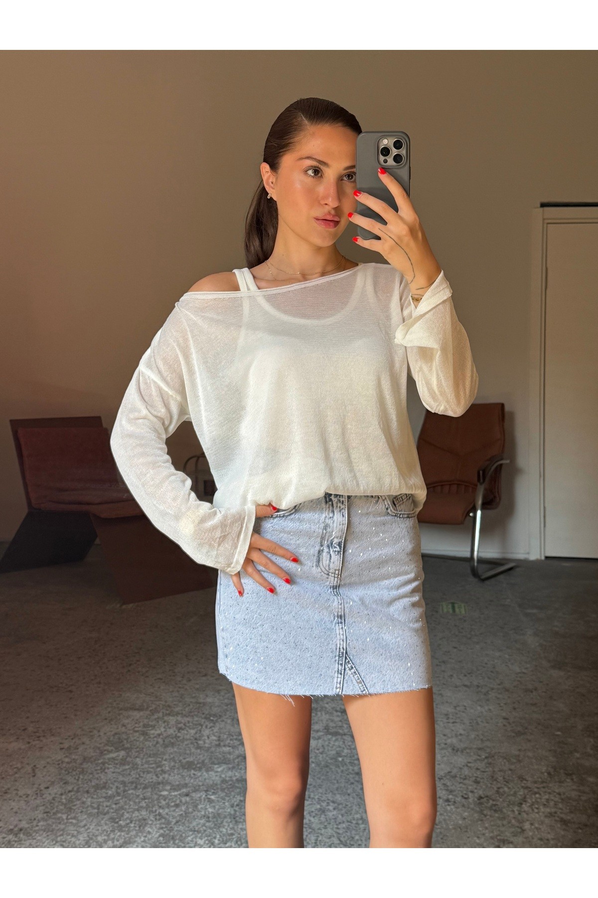 Silver Taş İşlemeli Denim Mini Etek