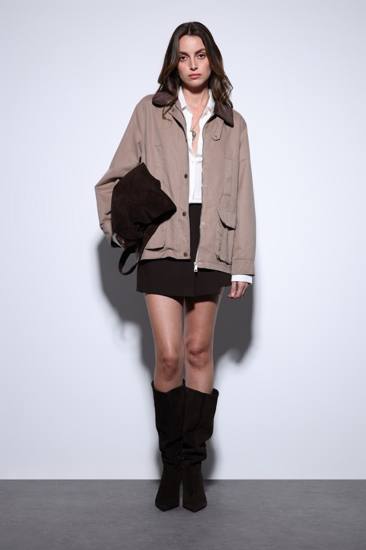 Kadife Yakalı, Cepli Oversize Mont