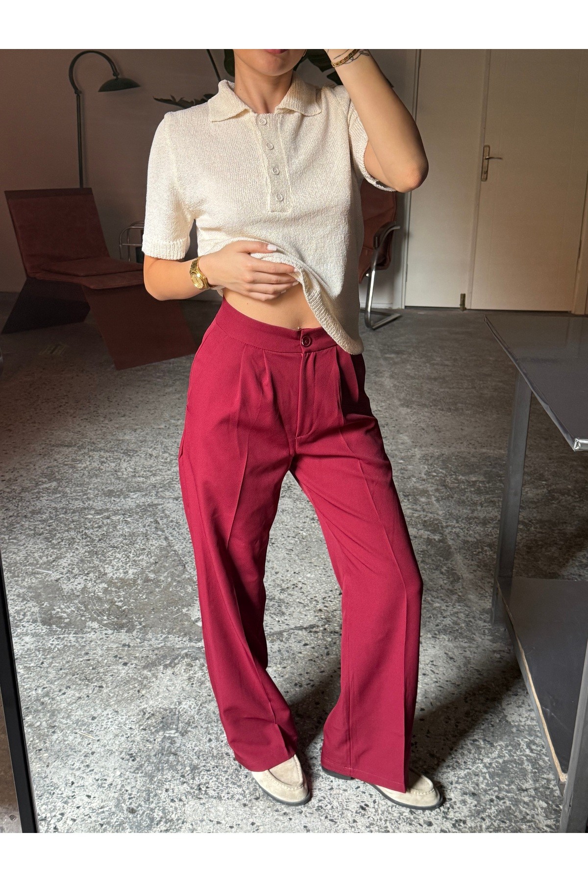 Bordo Lima Palazzo Pantolon Çımalı Oversize Kesim