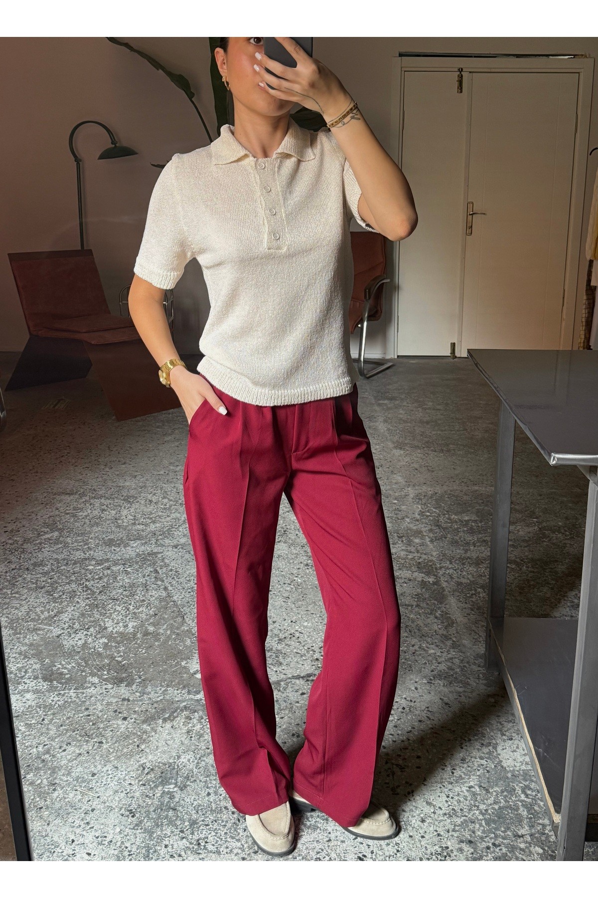 Bordo Lima Palazzo Pantolon Çımalı Oversize Kesim
