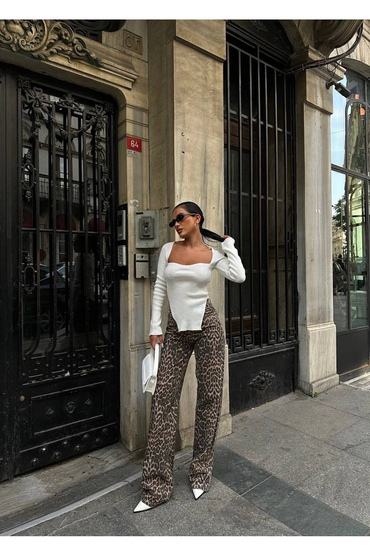 Kadın Leopar Desenli Flare Jean