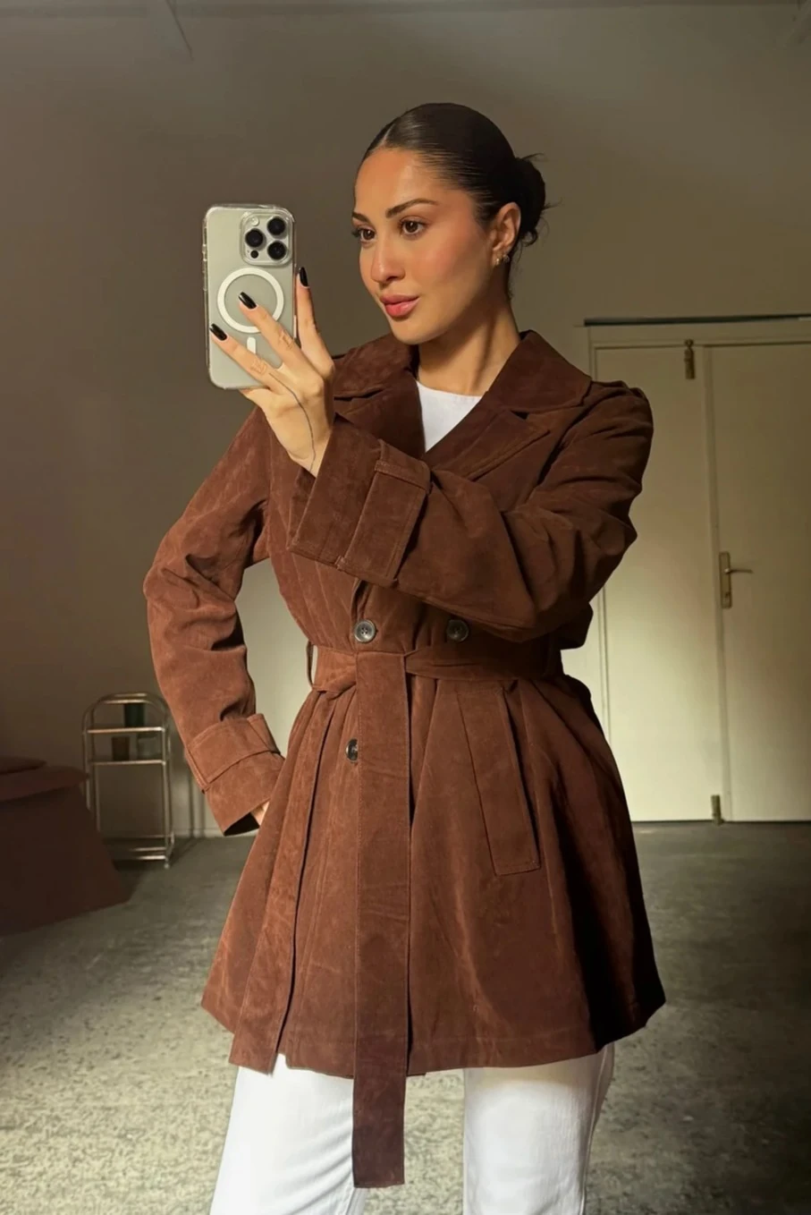 Beli Kuşaklı Süet Taba Ceket