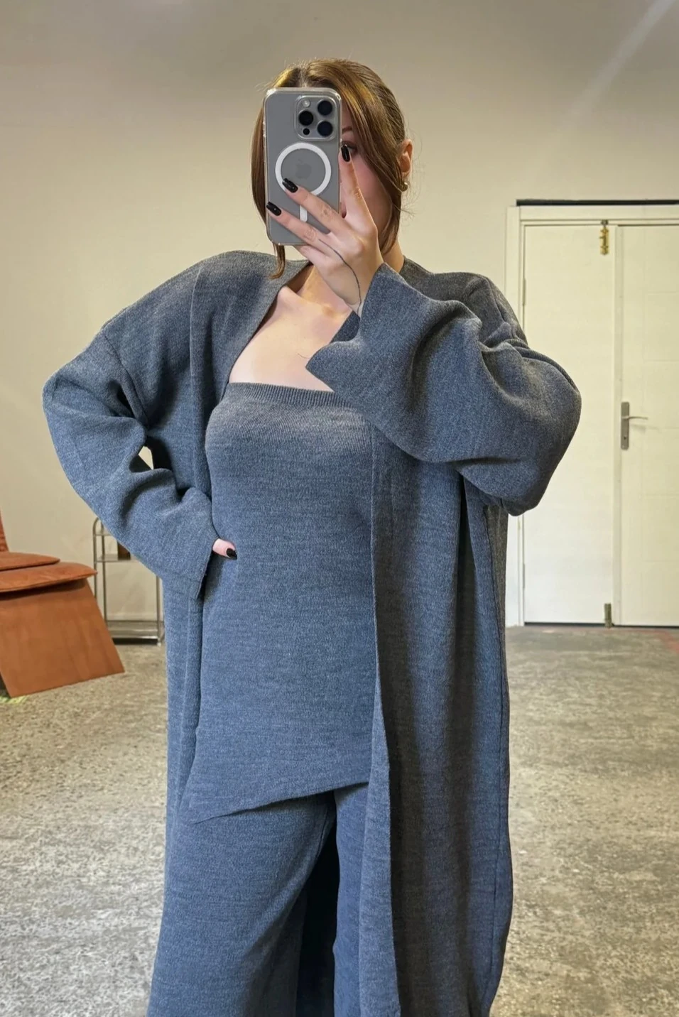 Yünlü Asimetrik Bluz-Pantolon-Hırka 3'lü Triko Takım