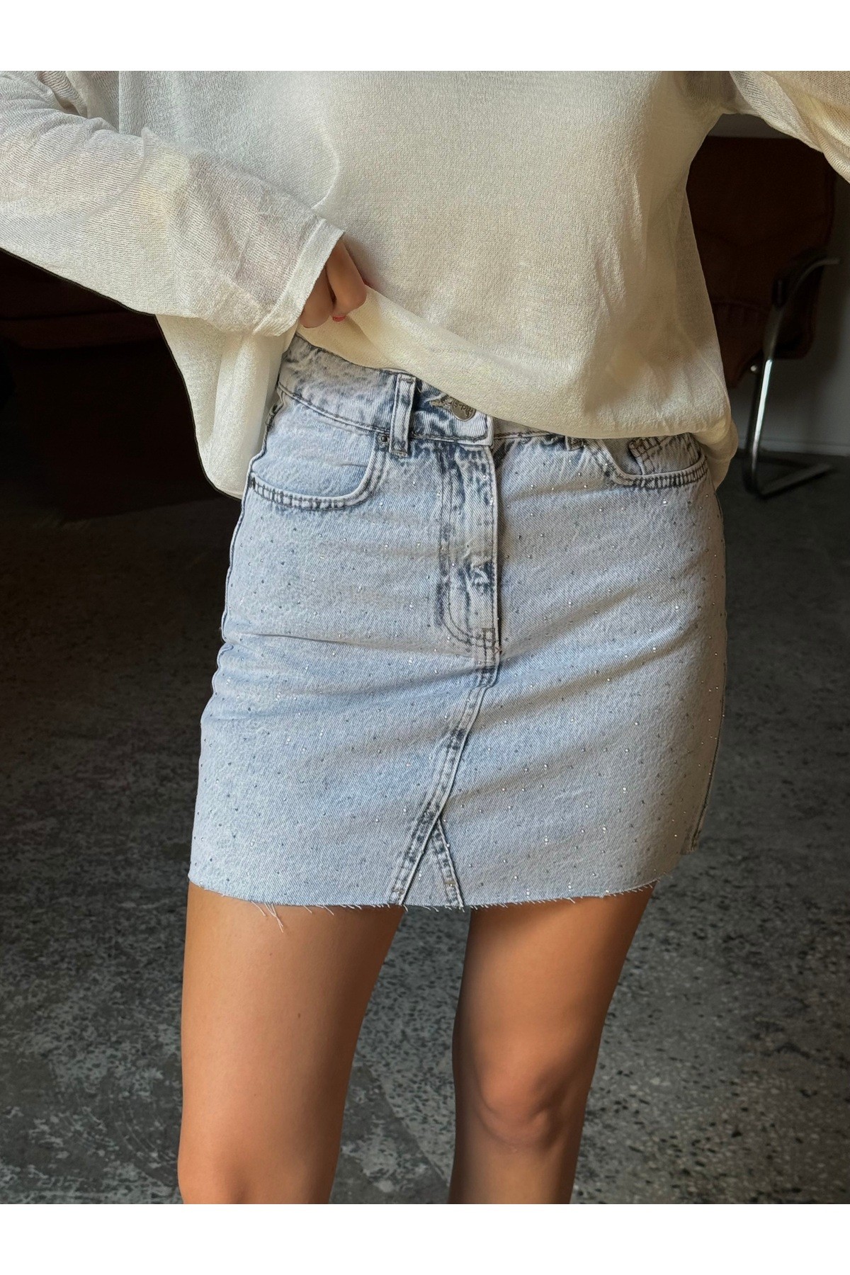 Silver Taş İşlemeli Denim Mini Etek