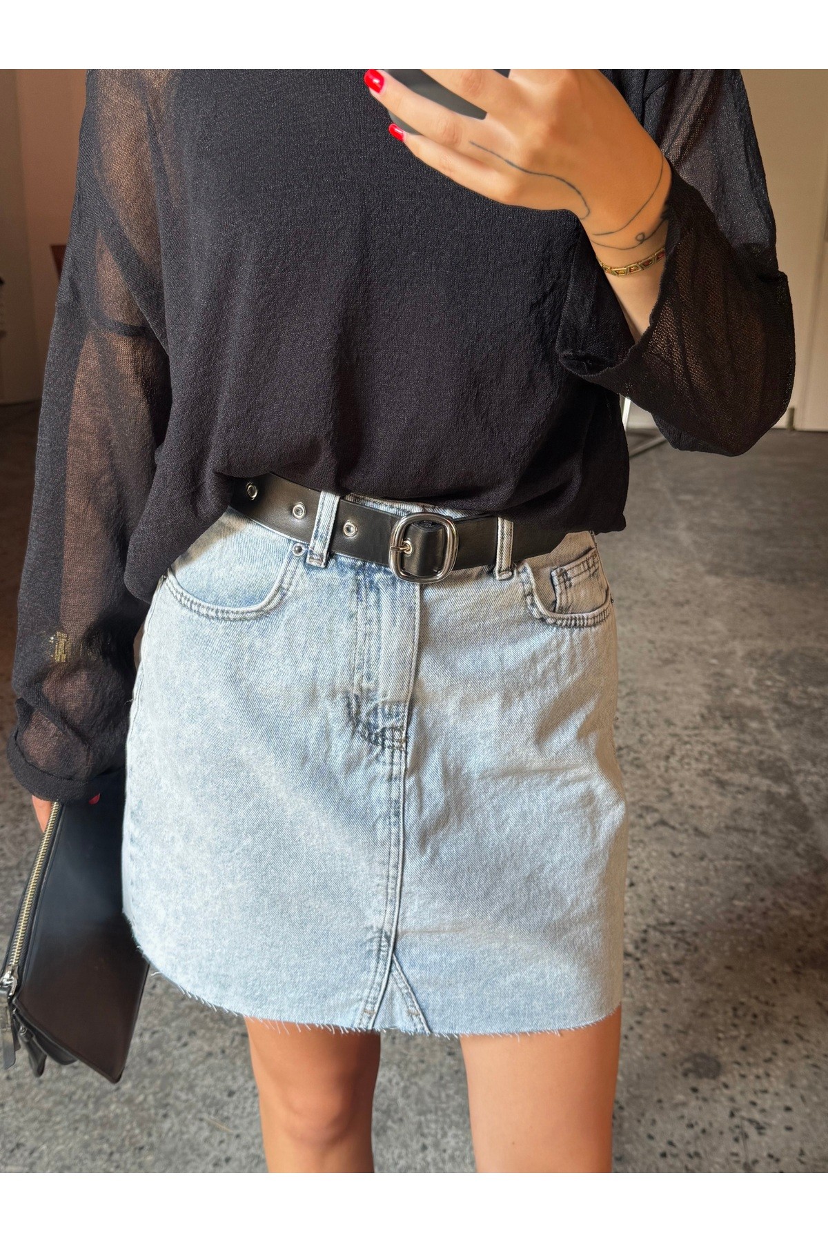 Kemerli Mini Denim Etek