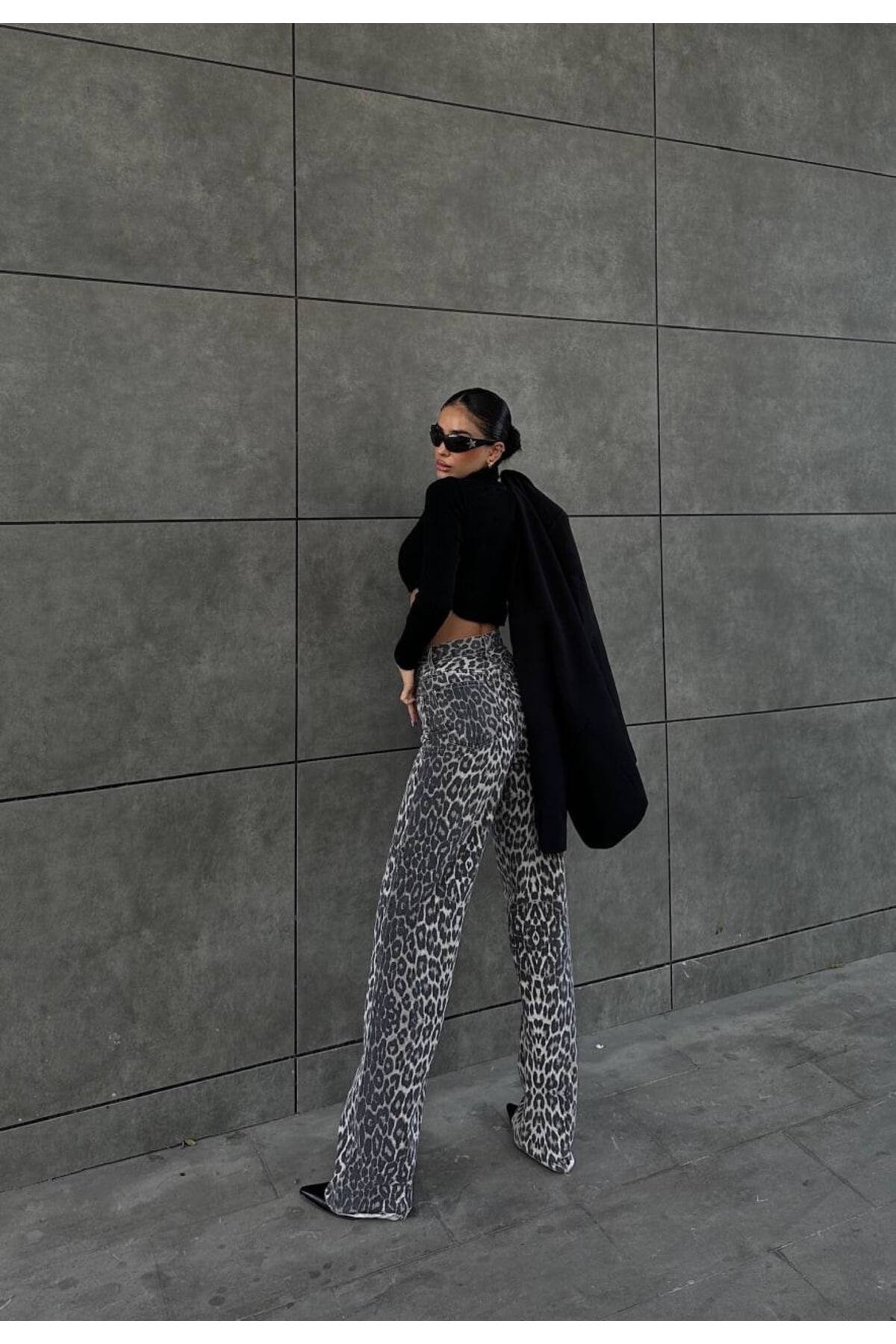 Leopar Printed Straight Kot Pantolon