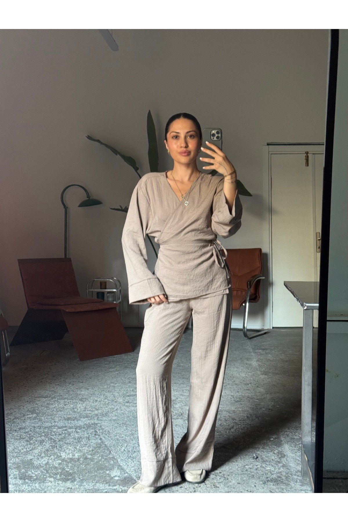 Vizon Yandan Bağlamalı Bluz- Lastikli Pantolon 2'li Oversize Takım