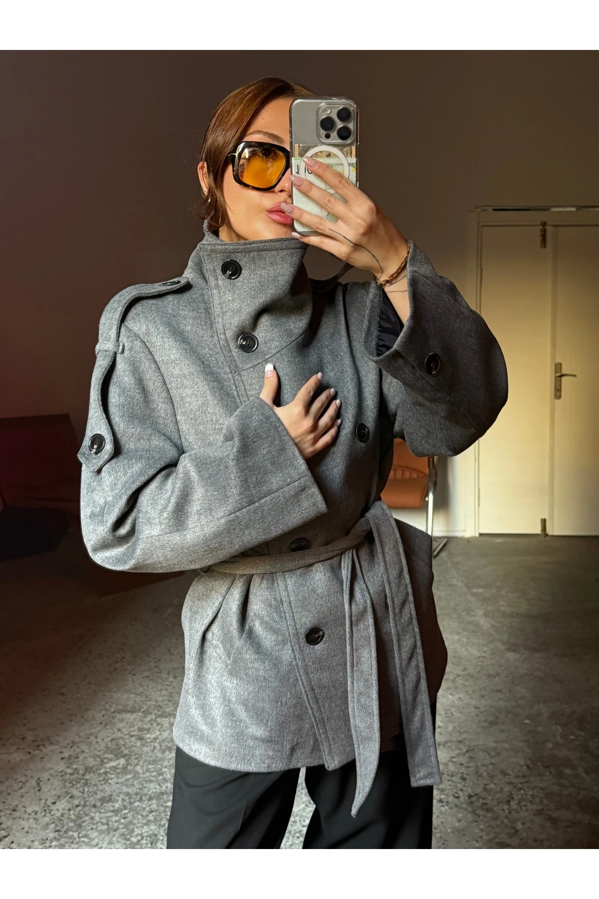 Dik Yaka Antrasit, Kuşaklı Trenç Ceket 