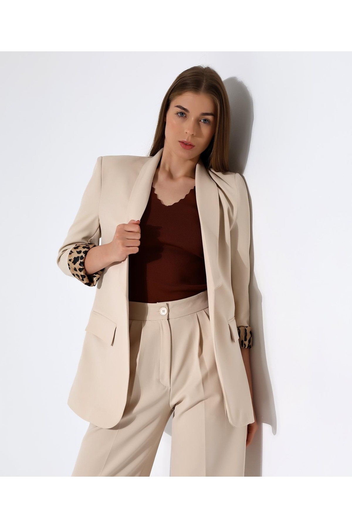 Astarı Leopar Desenli Oversize Blazer Ceket