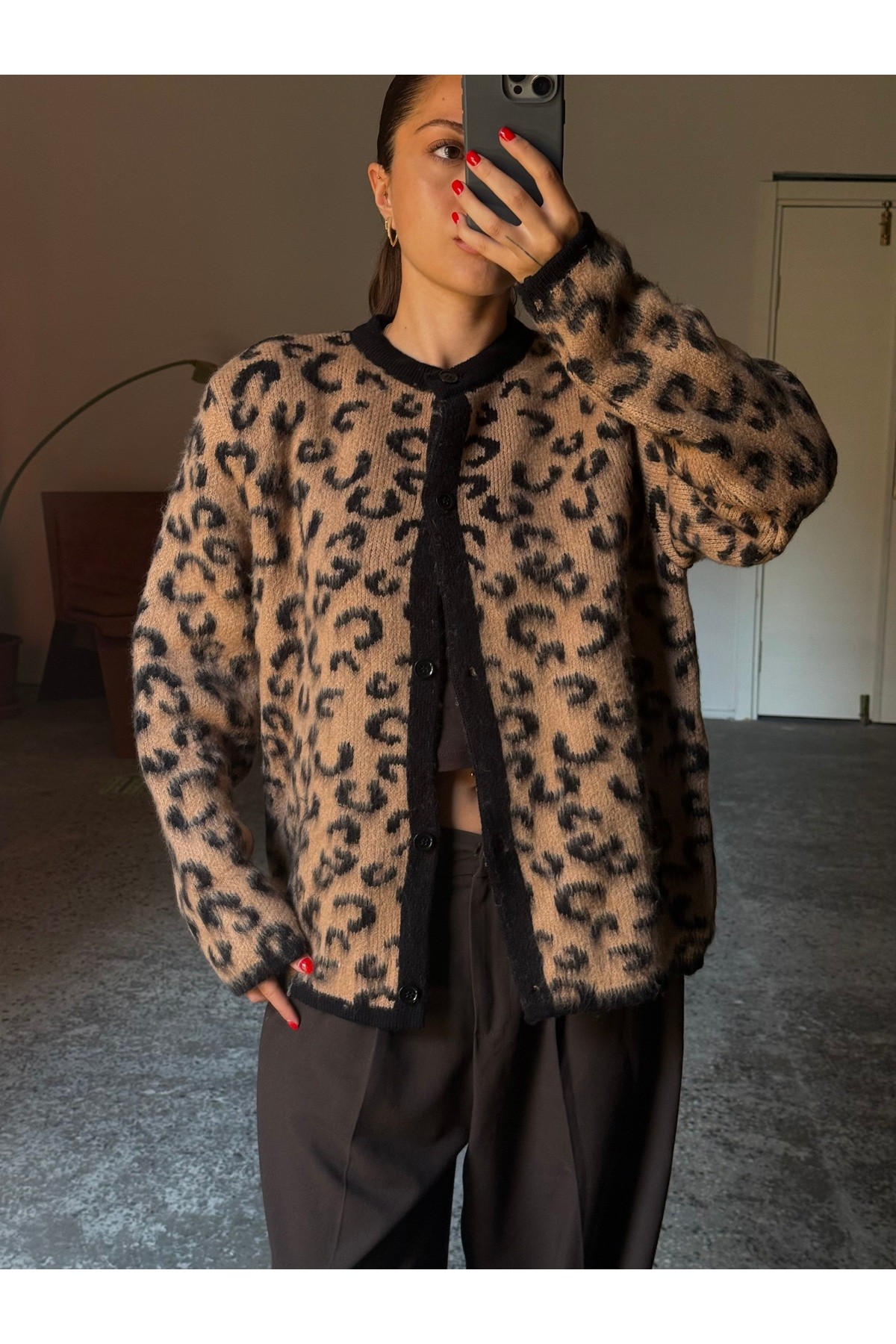 Leopar Desenli Şardonlu Hırka