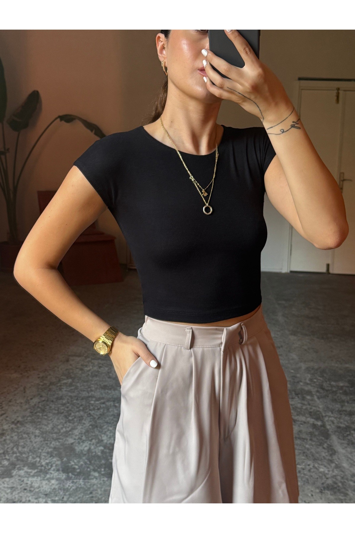 ZR Bisiklet Yaka Esnek Kısa Kollu Siyah Body