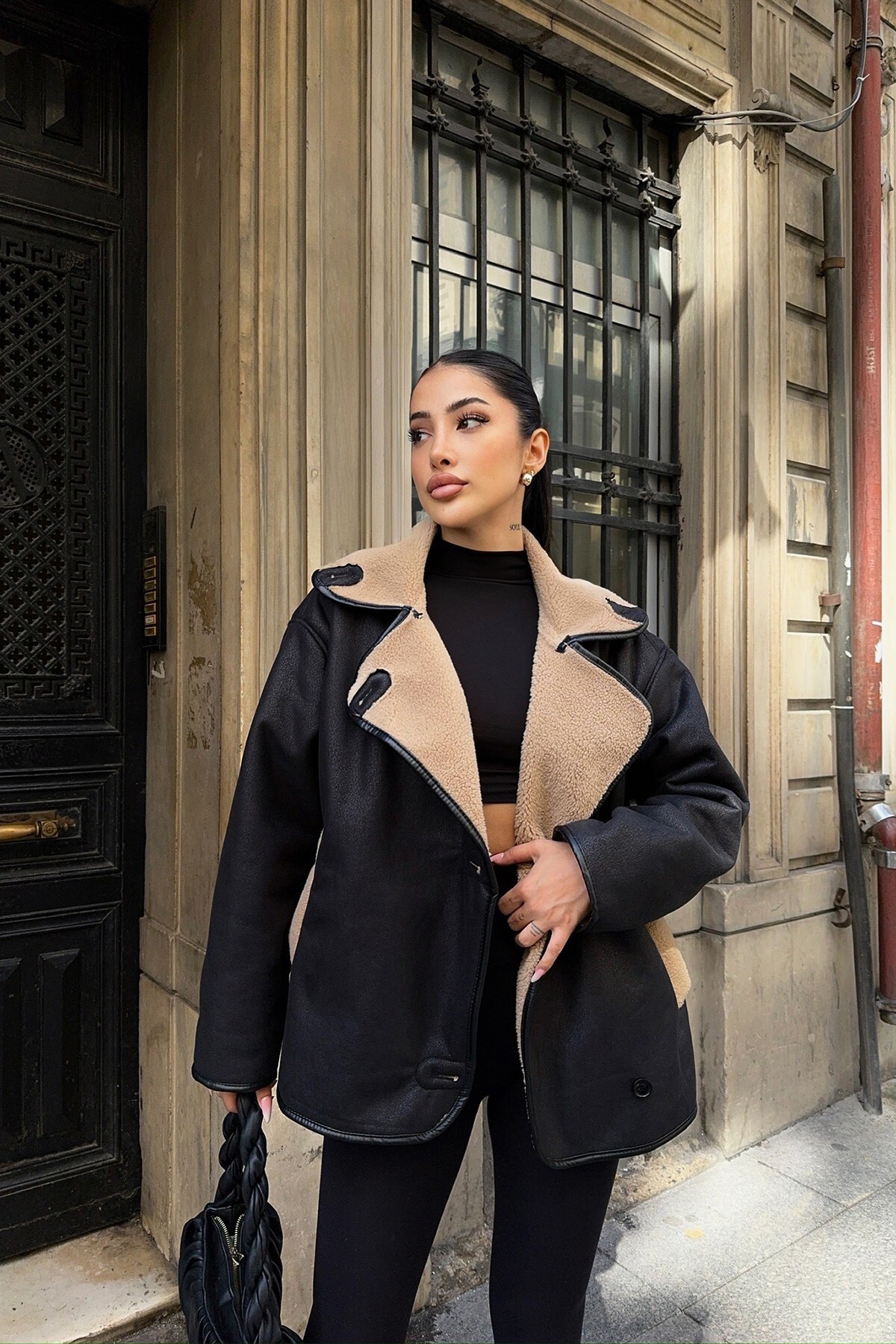 İçi Kürklü Oversize Siyah Camel Kadın Deri Ceket
