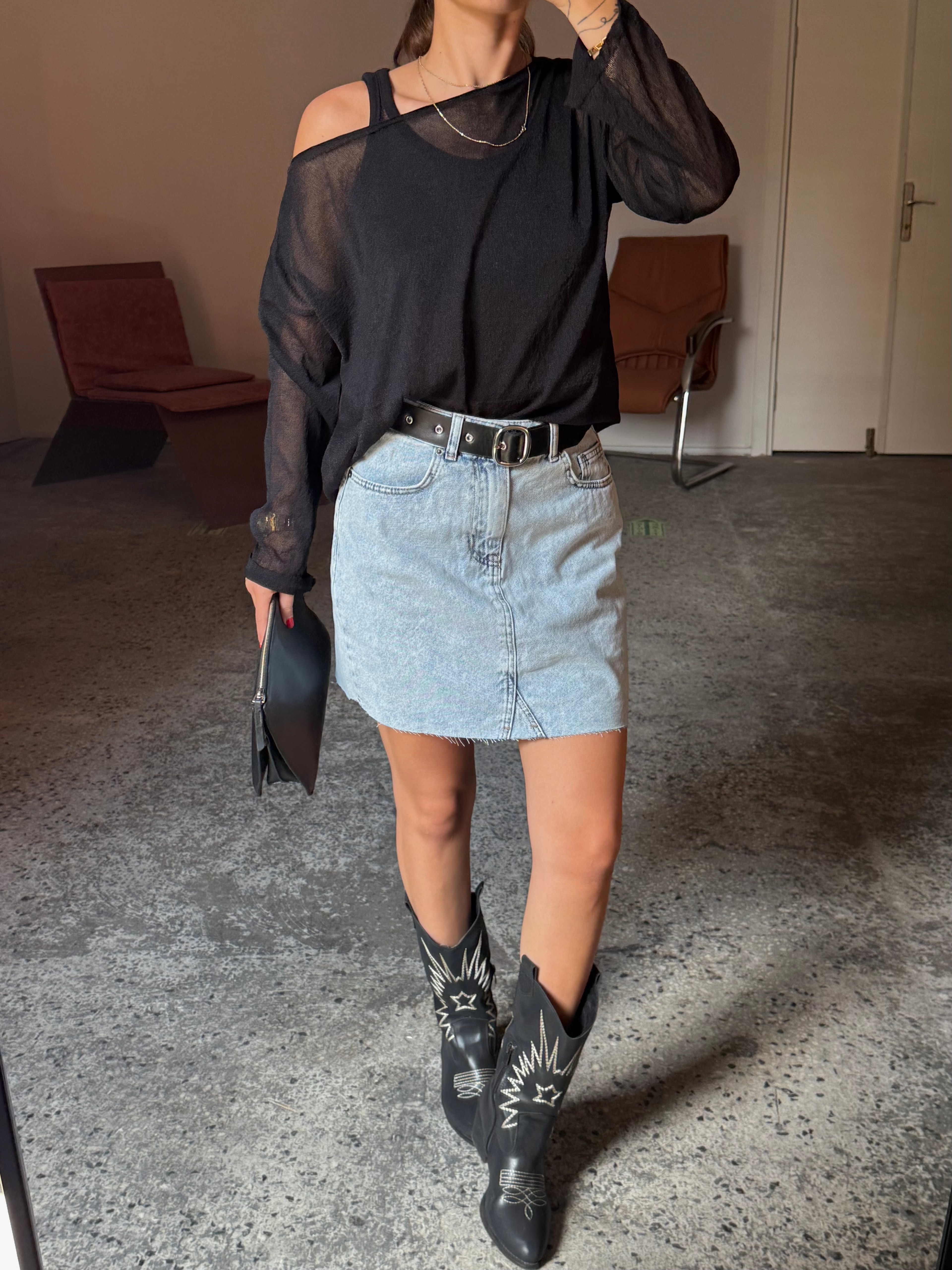 Kemerli Mini Denim Etek