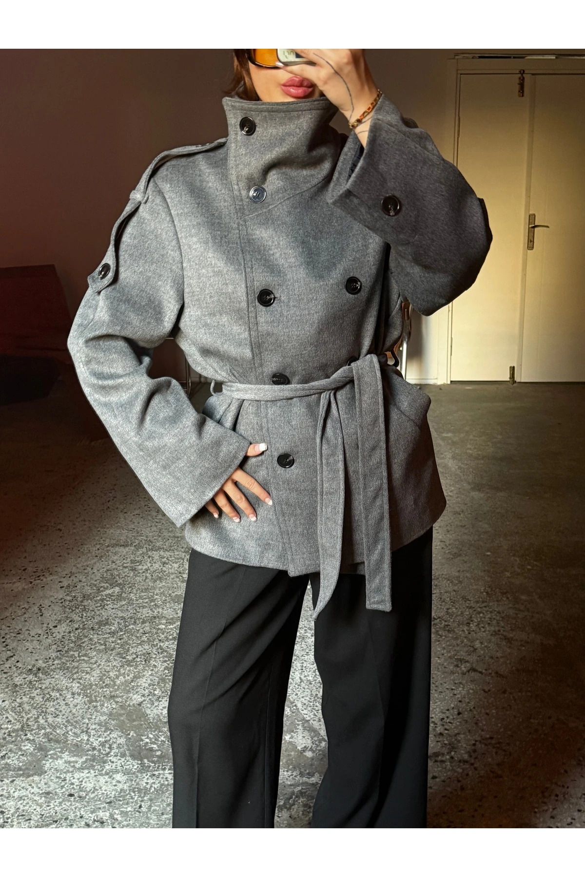 Dik Yaka Antrasit, Kuşaklı Trenç Ceket 