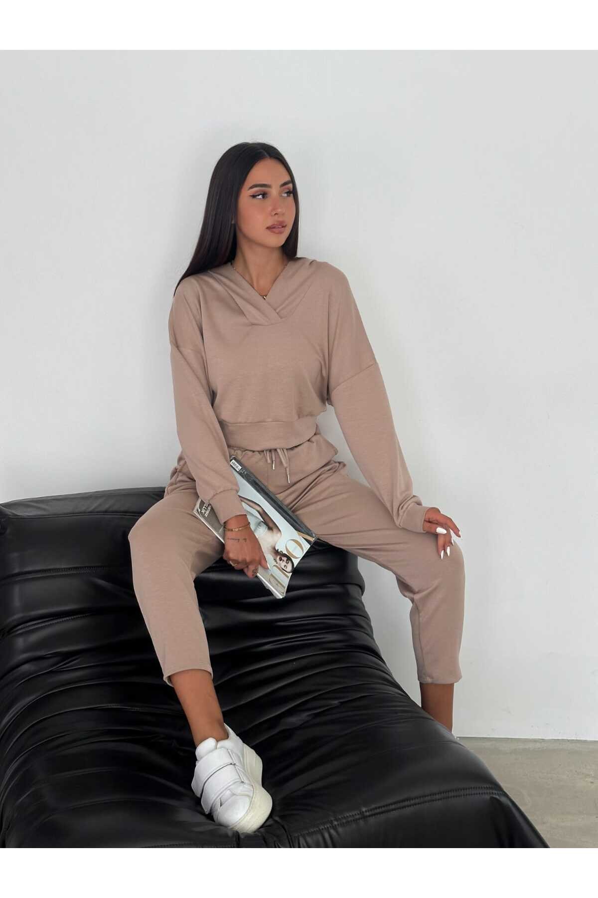 Basic Kapüşonlu Sweatshirt - Jogger Eşofman Modal Kumaş 2'li Takım