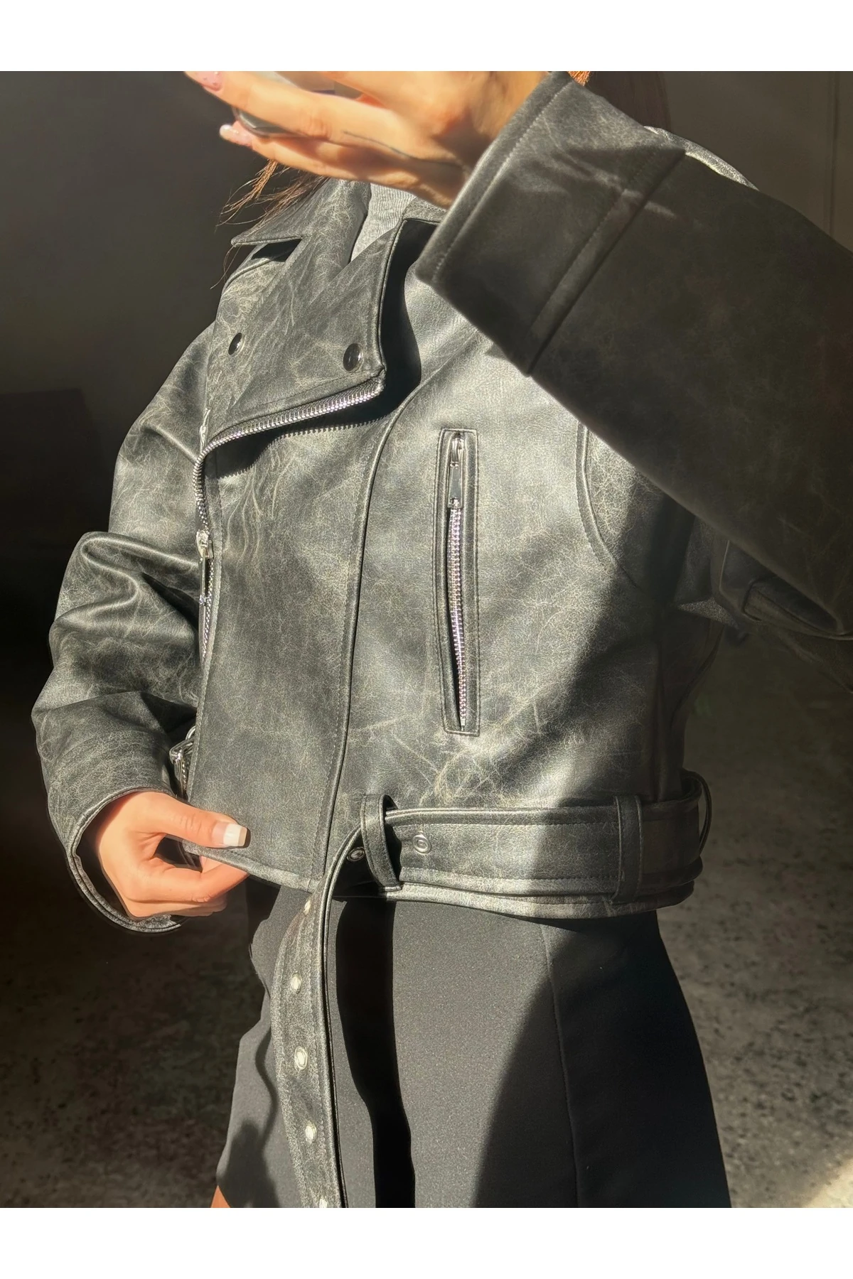 Siyah Suni Deri Crop Biker Ceket 