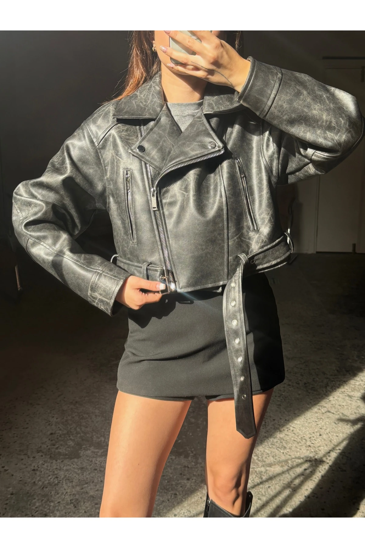 Siyah Suni Deri Crop Biker Ceket 