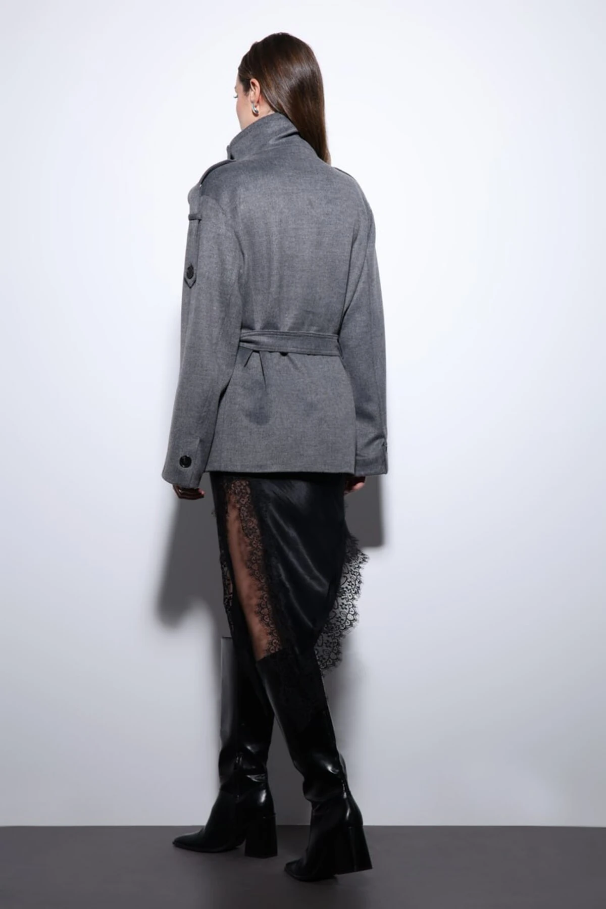 Dik Yaka Antrasit, Kuşaklı Trenç Ceket 