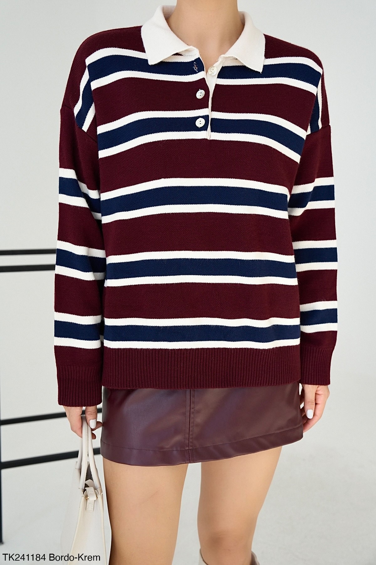 Çizgili, Polo Yaka Vintage Bordo Triko Bluz