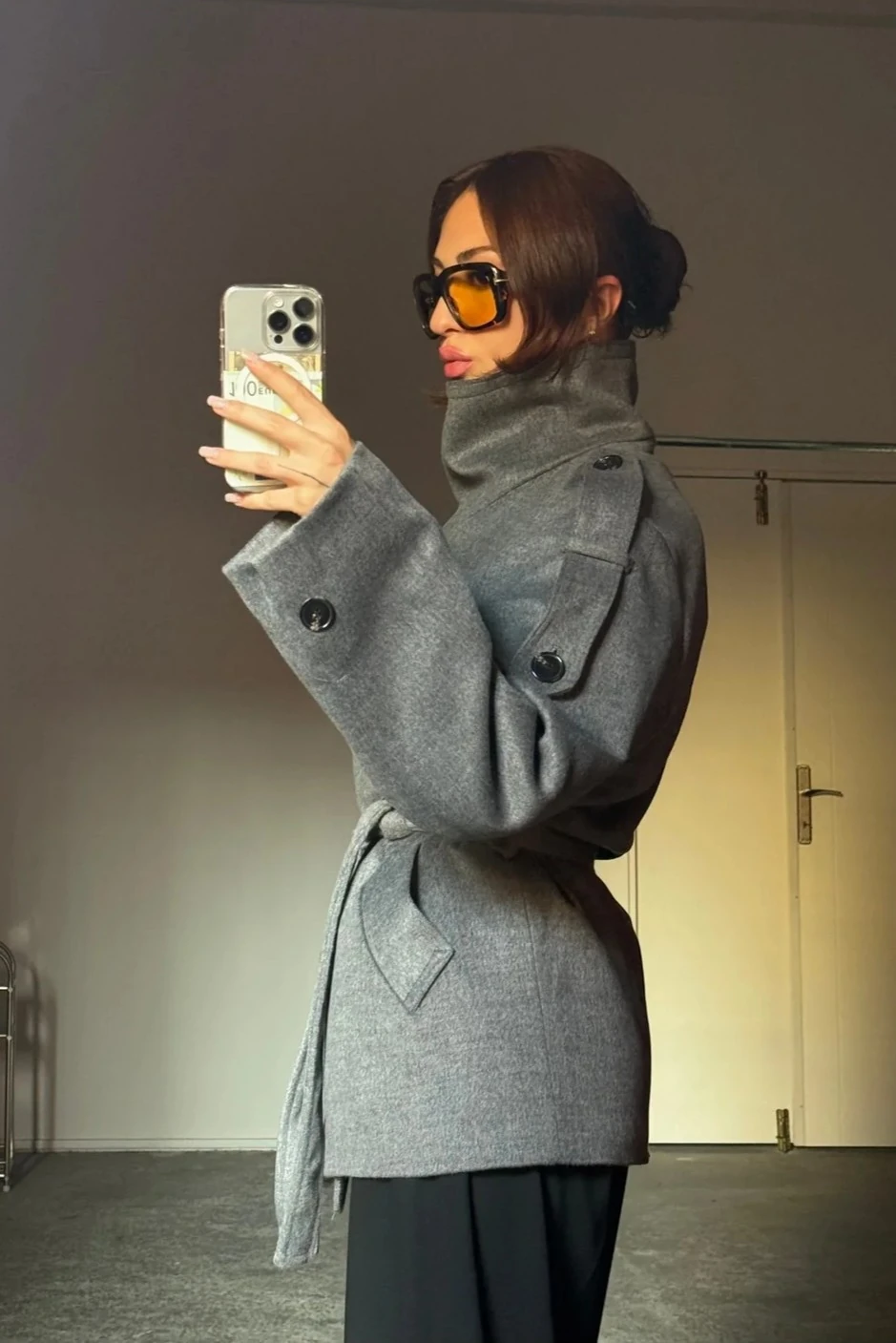 Dik Yaka Antrasit, Kuşaklı Trenç Ceket 