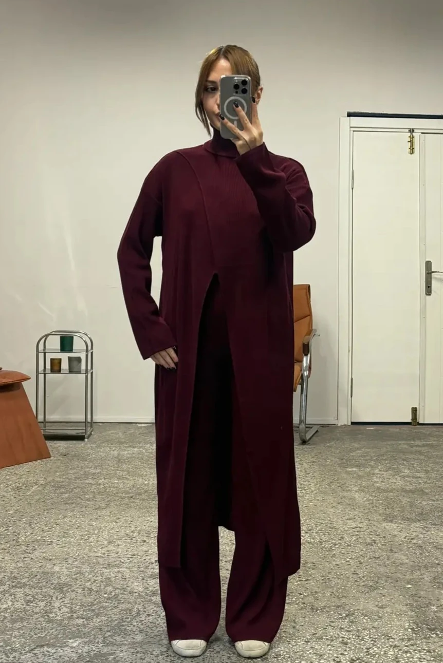 Kruvaze Uzun Triko Bluz-Pantolon 2'li Takım