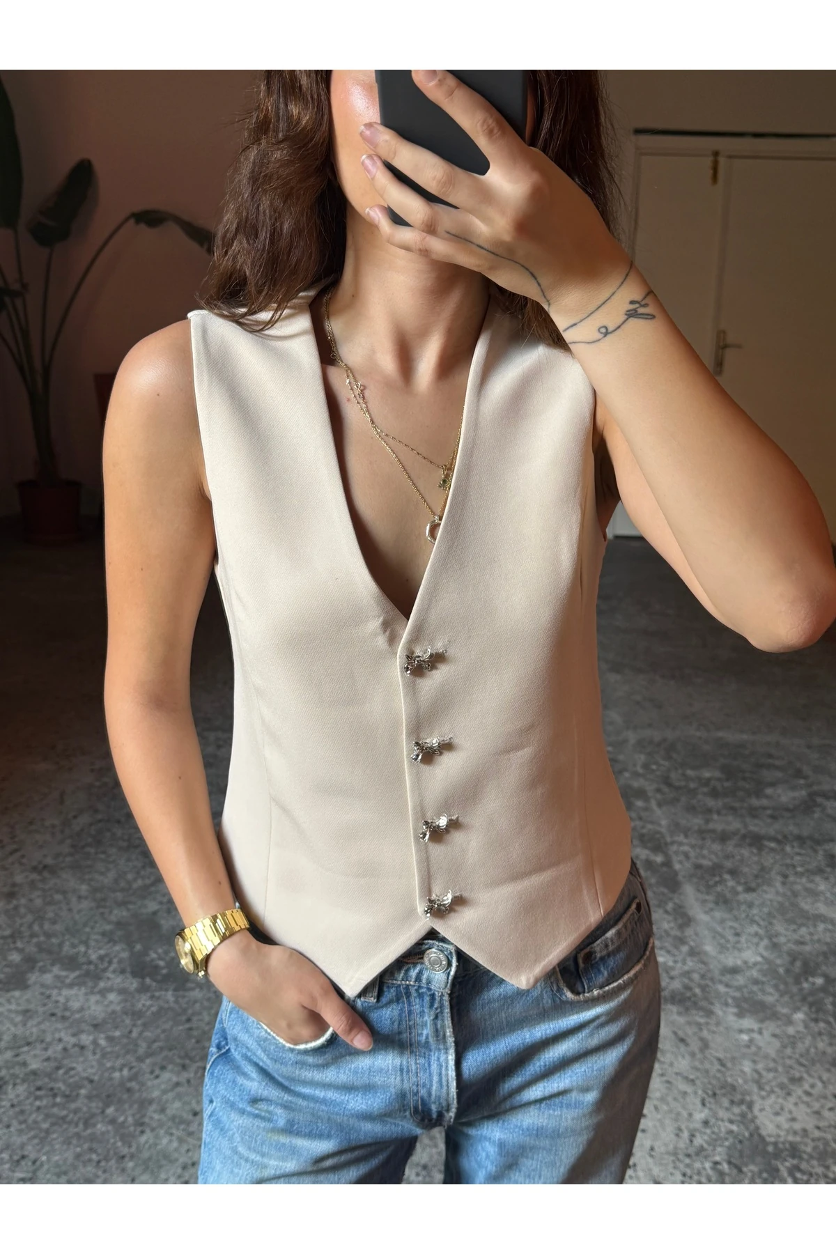 Mini yeşili Silver Kurdele Düğmeli V Yaka Scuba Yelek - bej