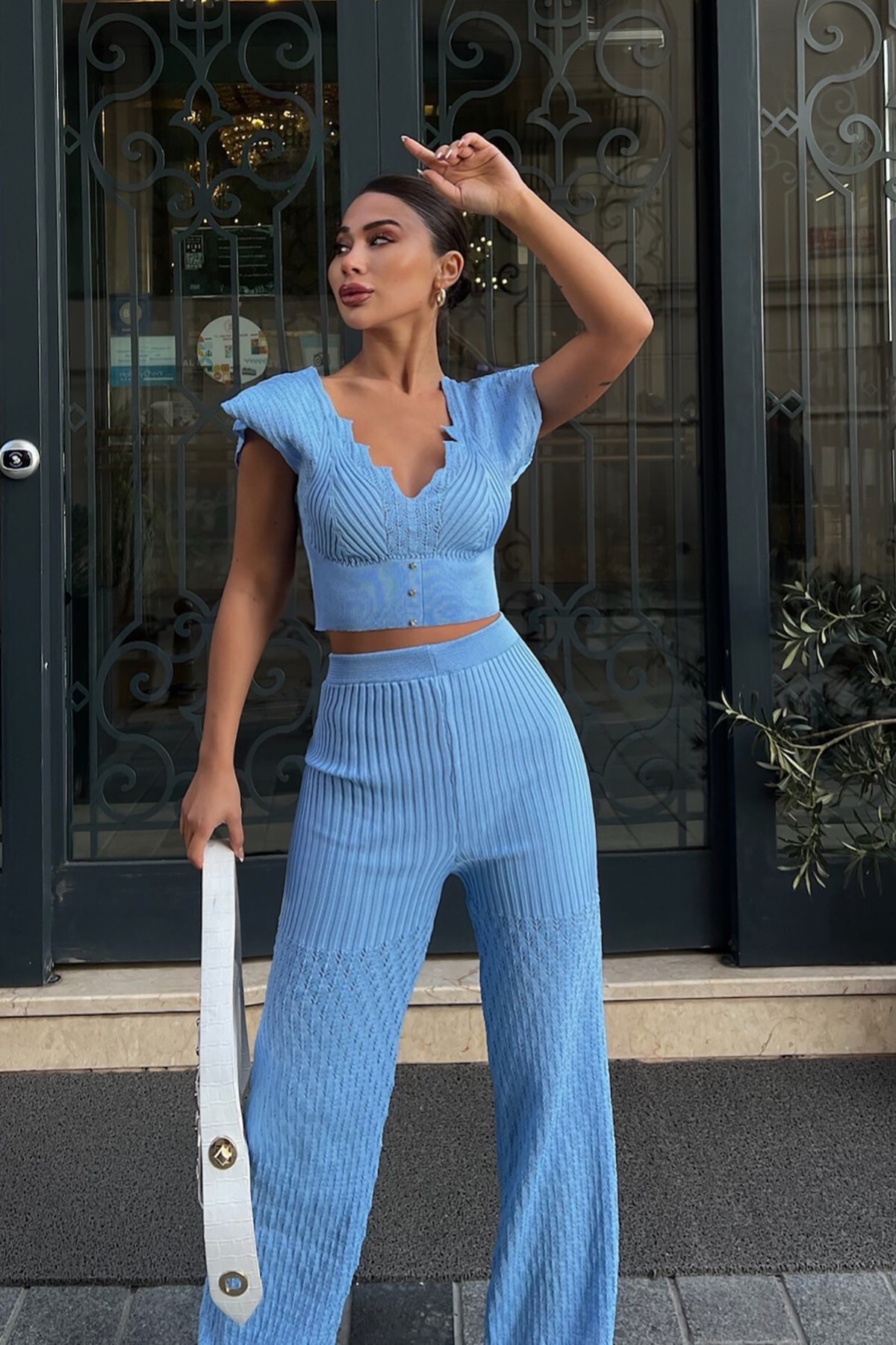 Beyaz Crop Bluz Pantolon Kadın Alt Üst Takım