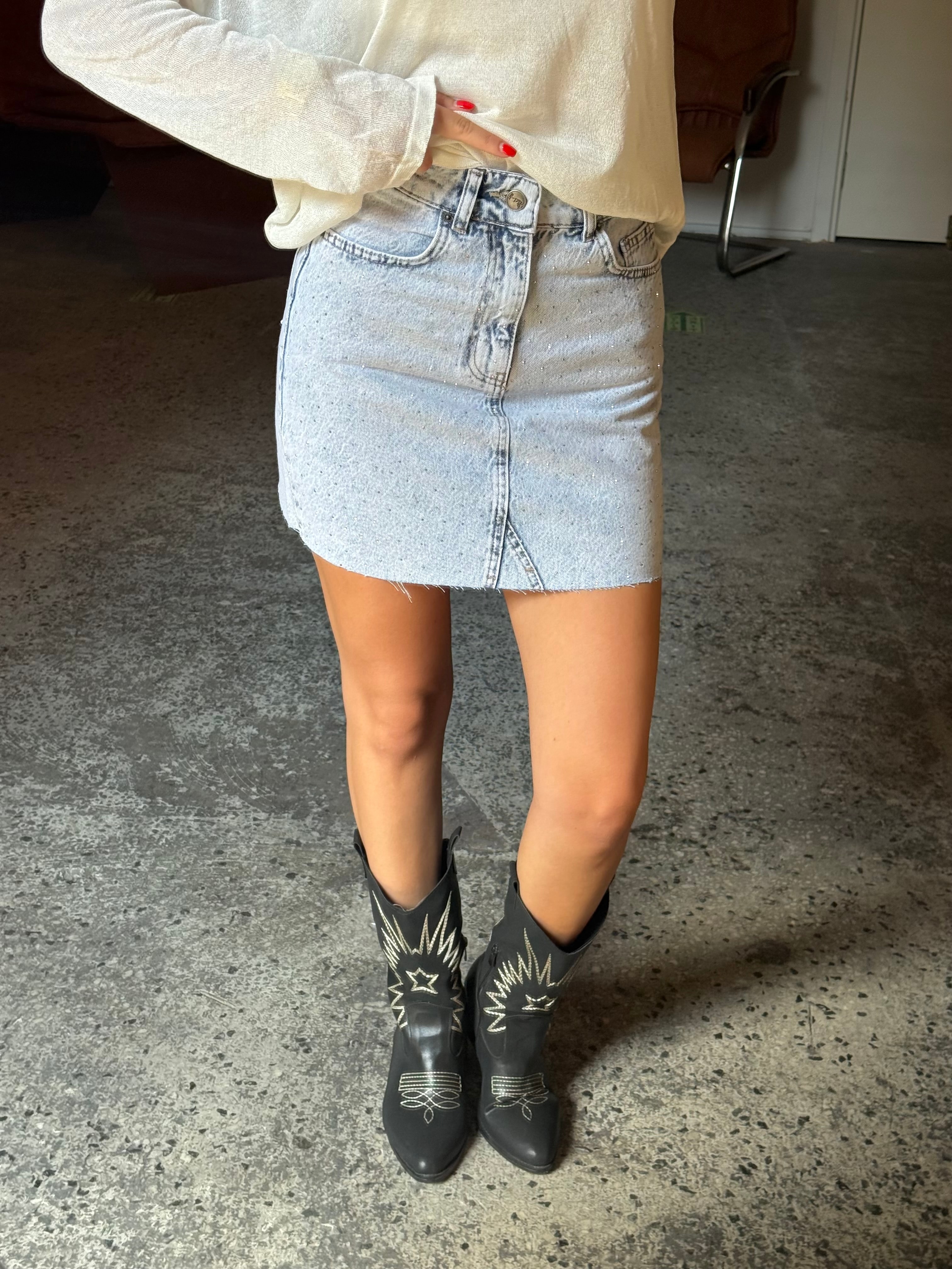 Silver Taş İşlemeli Denim Mini Etek