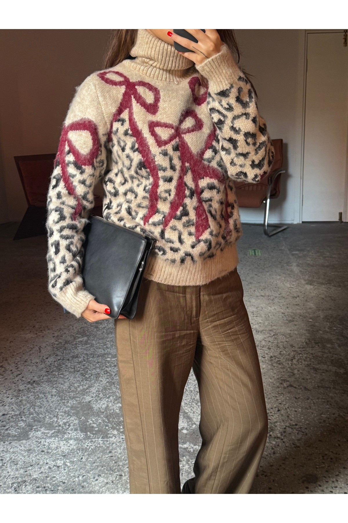 Leopar Desenli Kurdele Detay Kazak