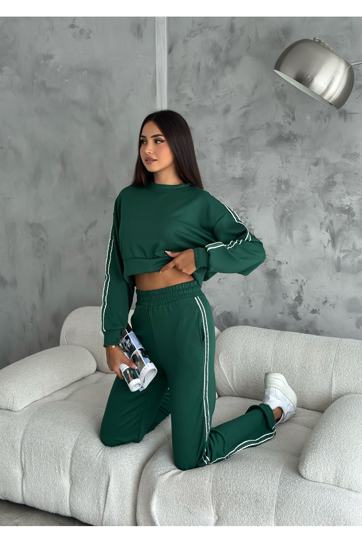 Yeşil Modal Şerit Detaylı Uzun Kol Sweat-eşofman Takım