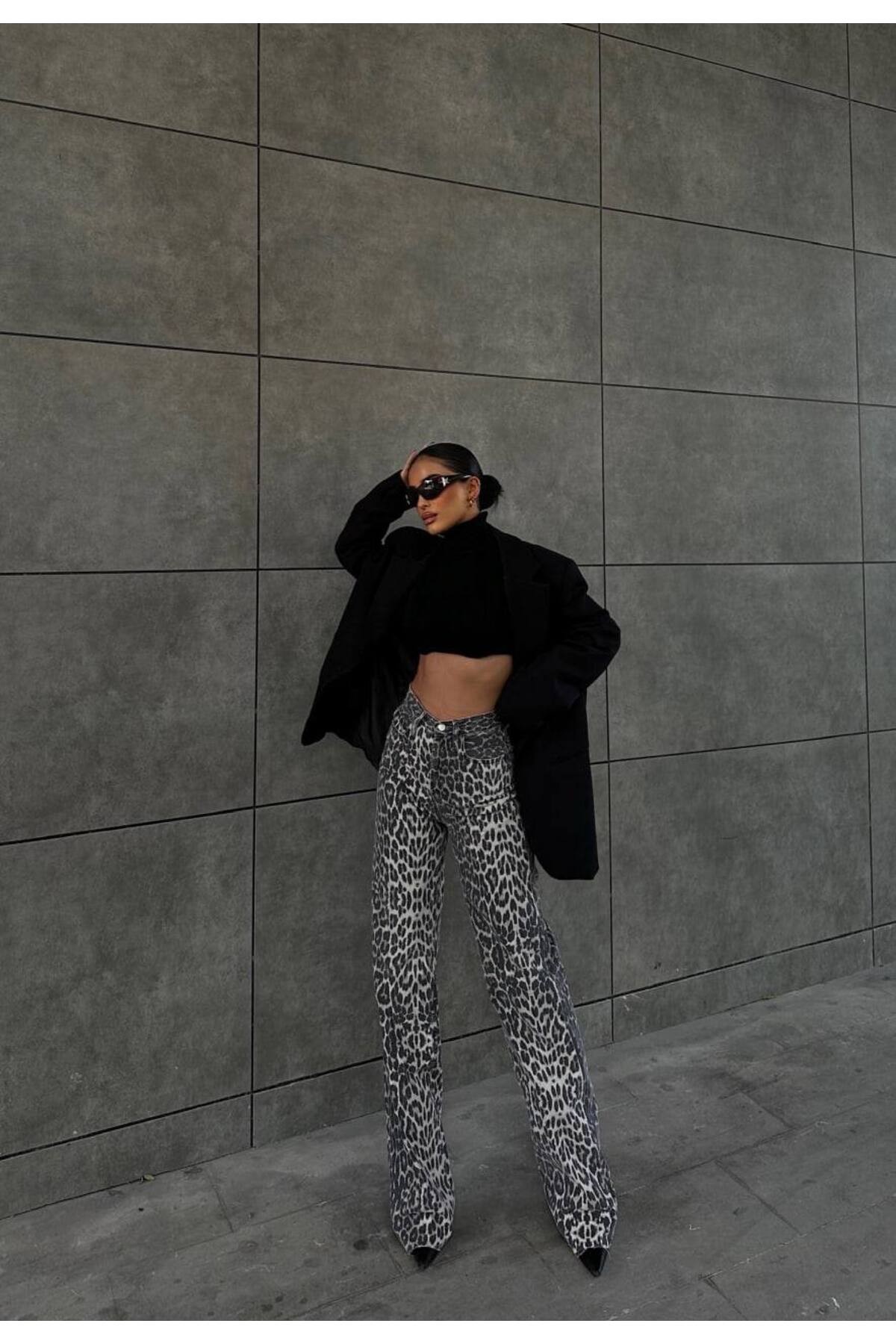 Leopar Printed Straight Kot Pantolon