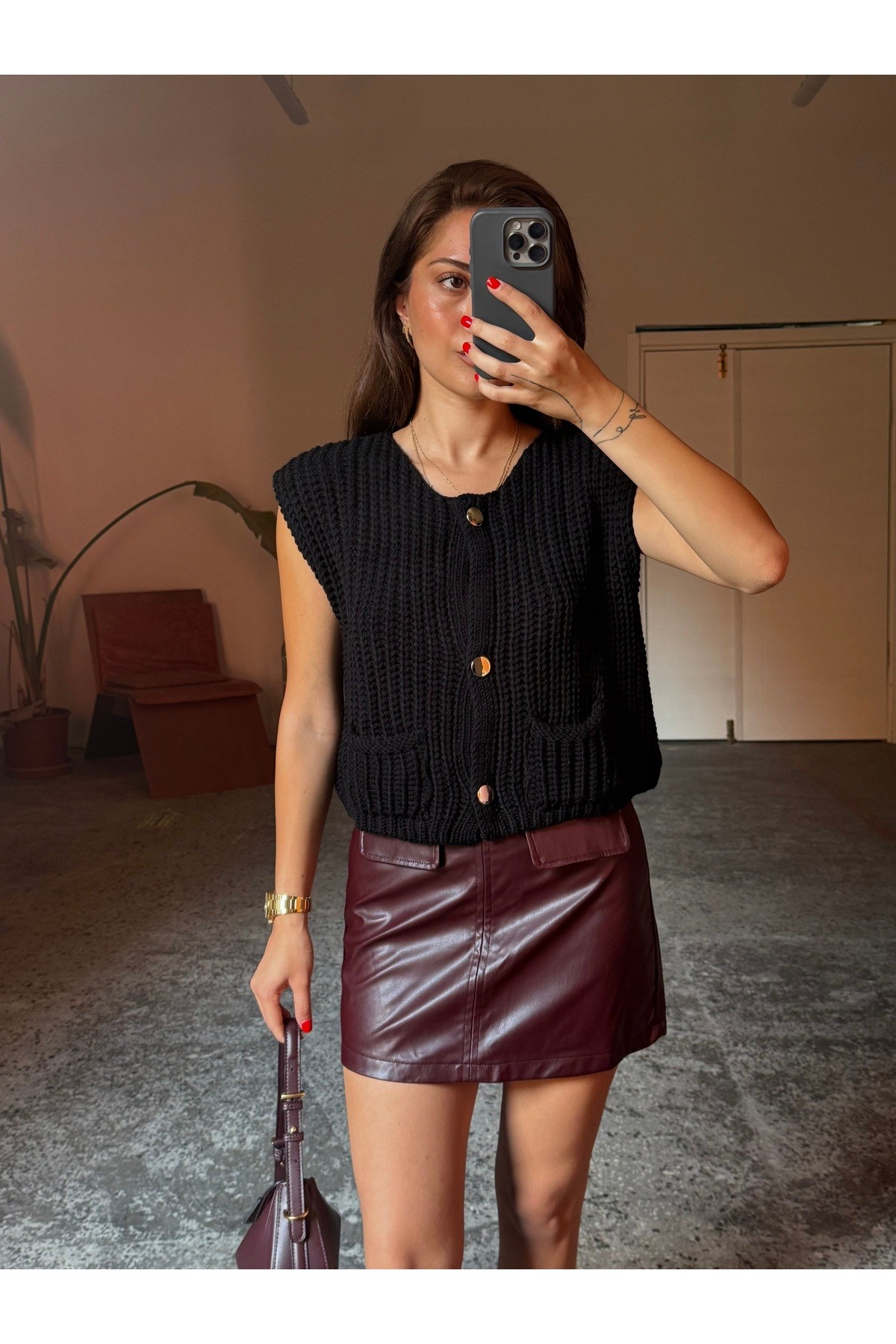 Bordo Cepli Mini Deri Etek