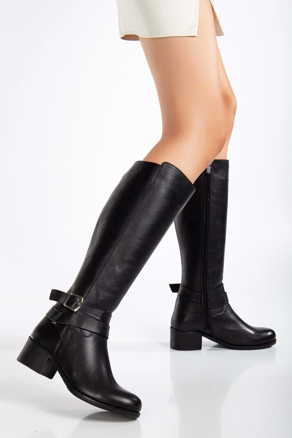 Kadın Hakiki Deri Tokalı Kalın Topuklu Çizme - SİYAH