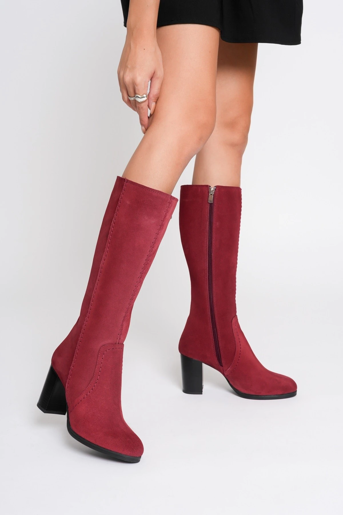 Kadın Hakiki Deri Topuklu  Çizme - Bordo