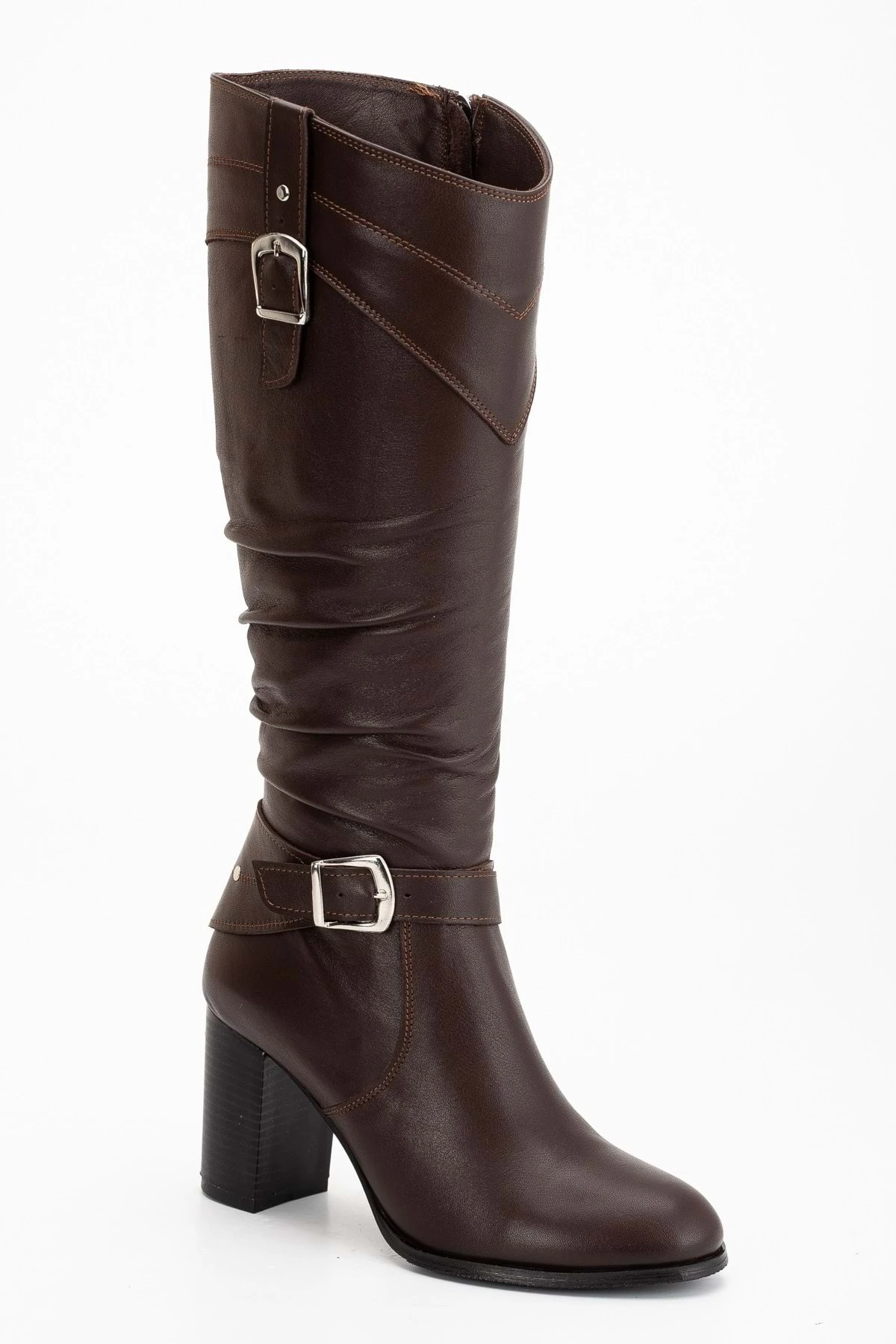 Kadın Hakiki Deri Körüklü Toka Detaylı Topuklu Çizme - Kahve