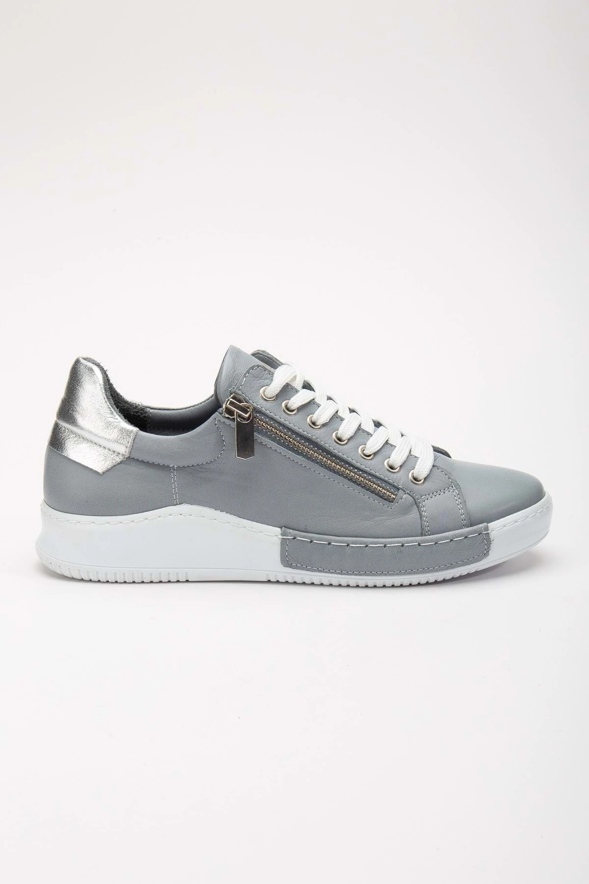 Kadın Hakiki Deri Fermuarlı Spor Ayakkabı - GRİ