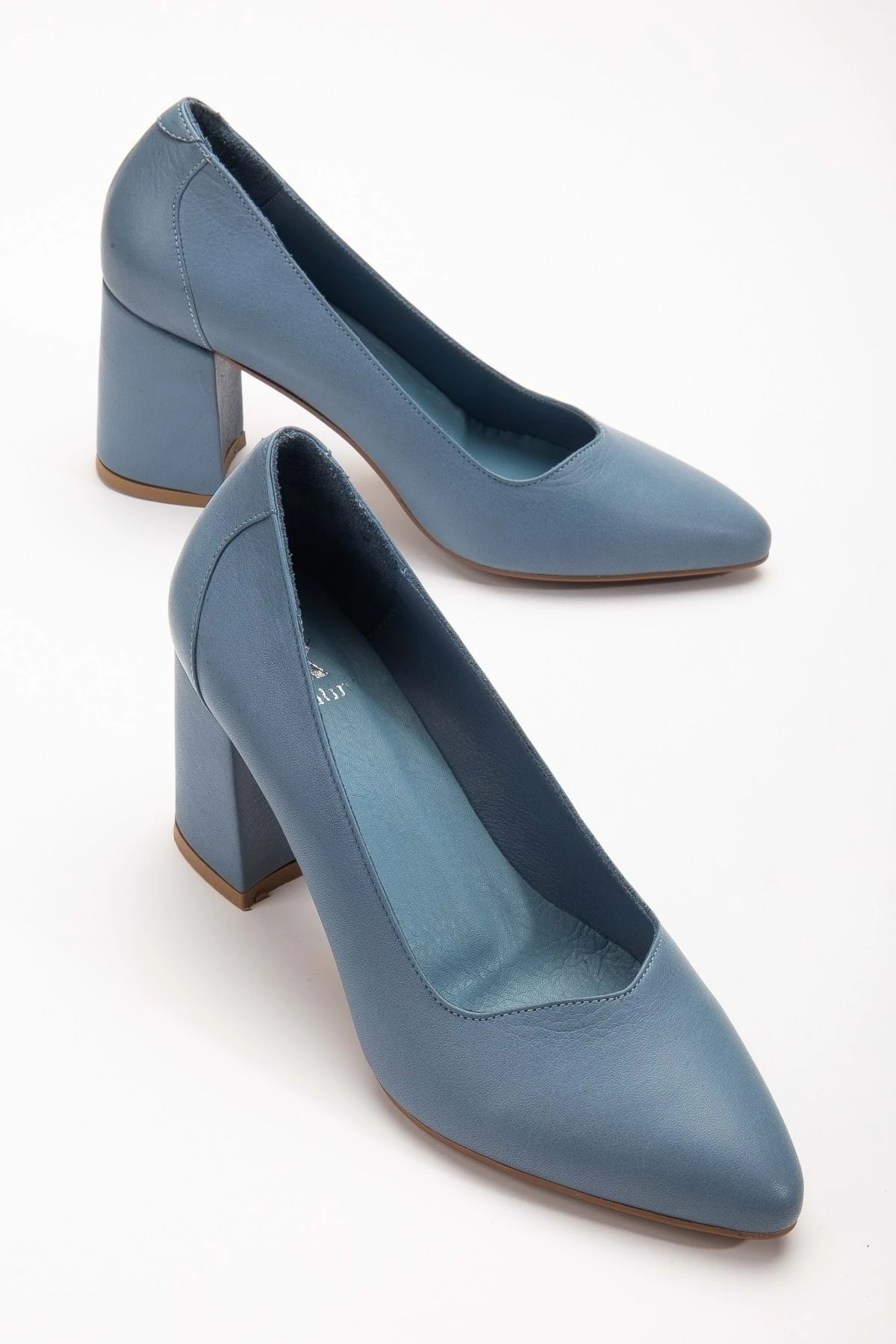 Kadın Hakiki Deri Klasik Kalın Topuklu Ayakkabı - MAVİ