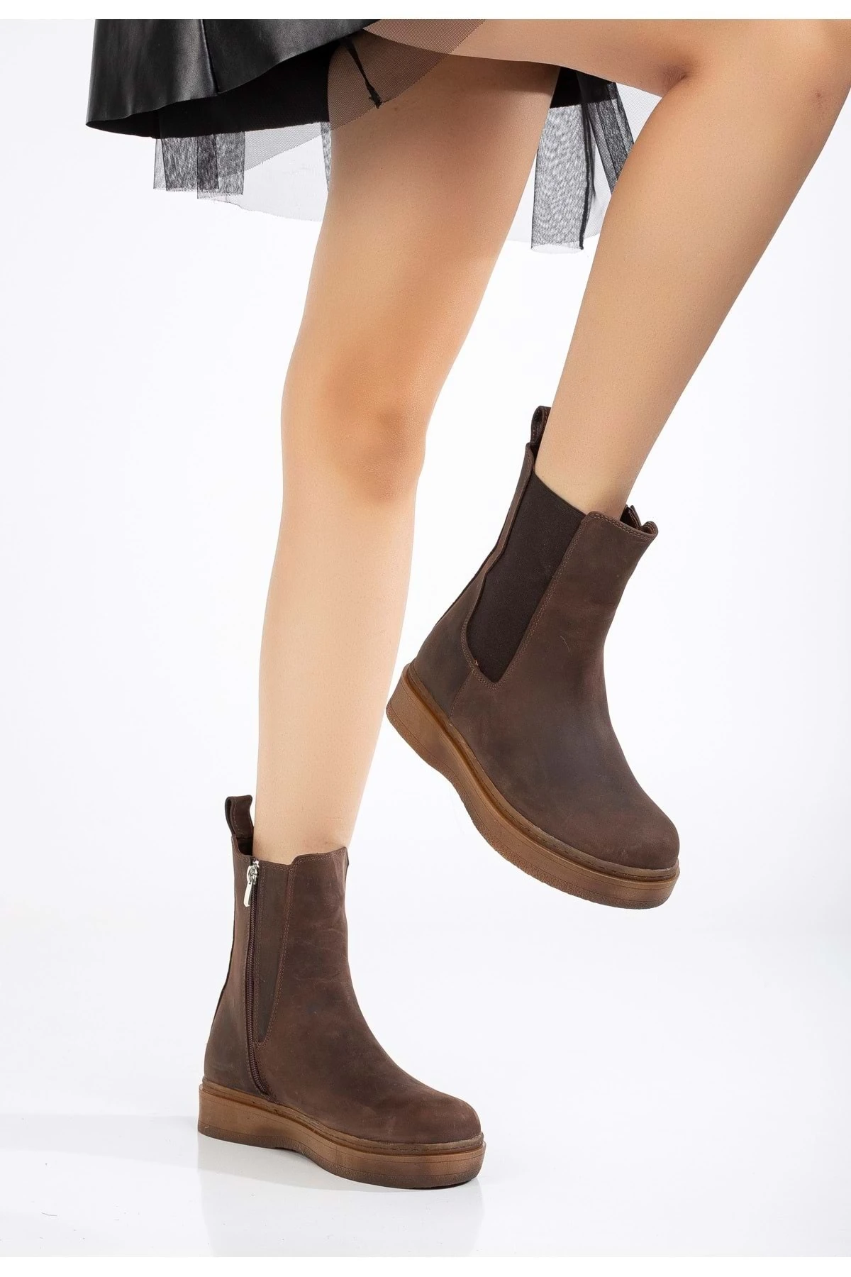Crazy Deri Kadın Lastikli Kalın Tabanlı Bot