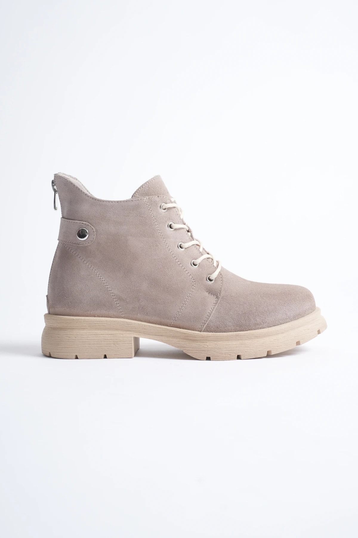 Kadın Hakiki Deri Arkadan Fermuarlı Bot - Taş Rengi