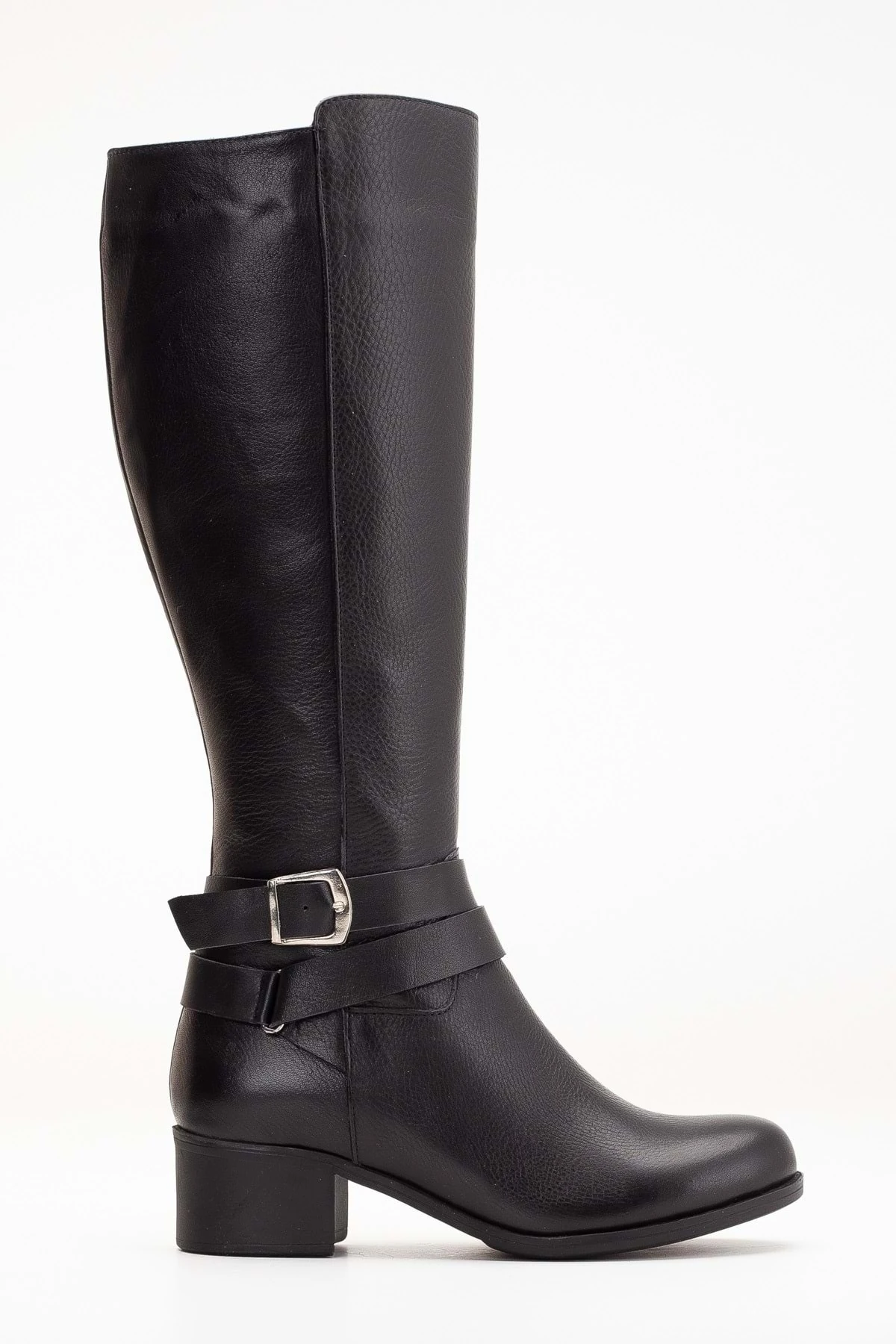 Kadın Hakiki Deri Tokalı Kalın Topuklu Çizme - SİYAH