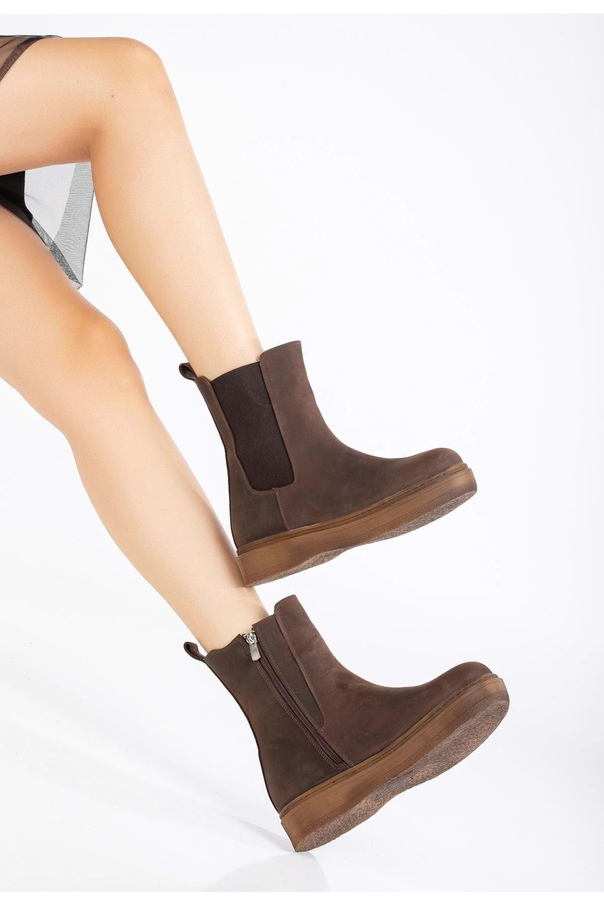 Crazy Deri Kadın Lastikli Kalın Tabanlı Bot