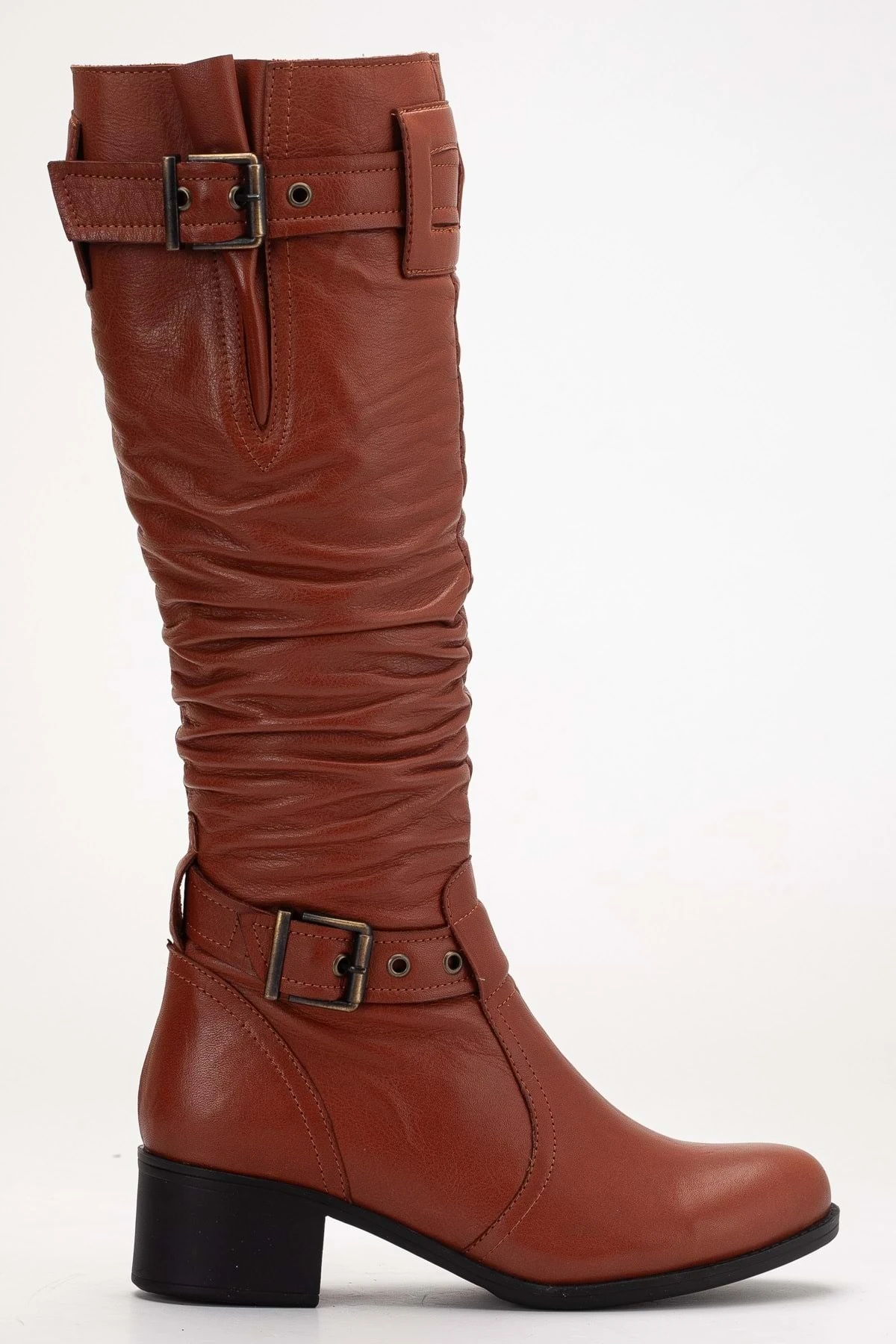 Kadın Hakiki Deri Körüklü Ayarlanabilir Tokalı Çizme - Kiremit