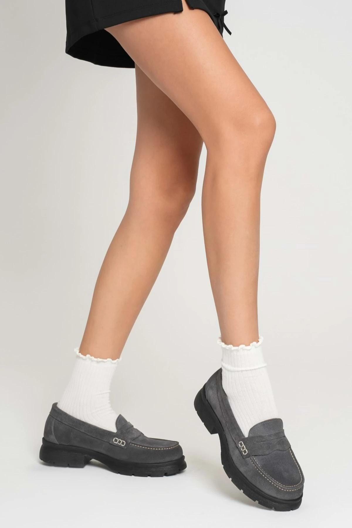 Kadın Hakiki Deri Light Tabanlı Saraçlı Rahat Loafer Ayakkabı - GRİ SÜET