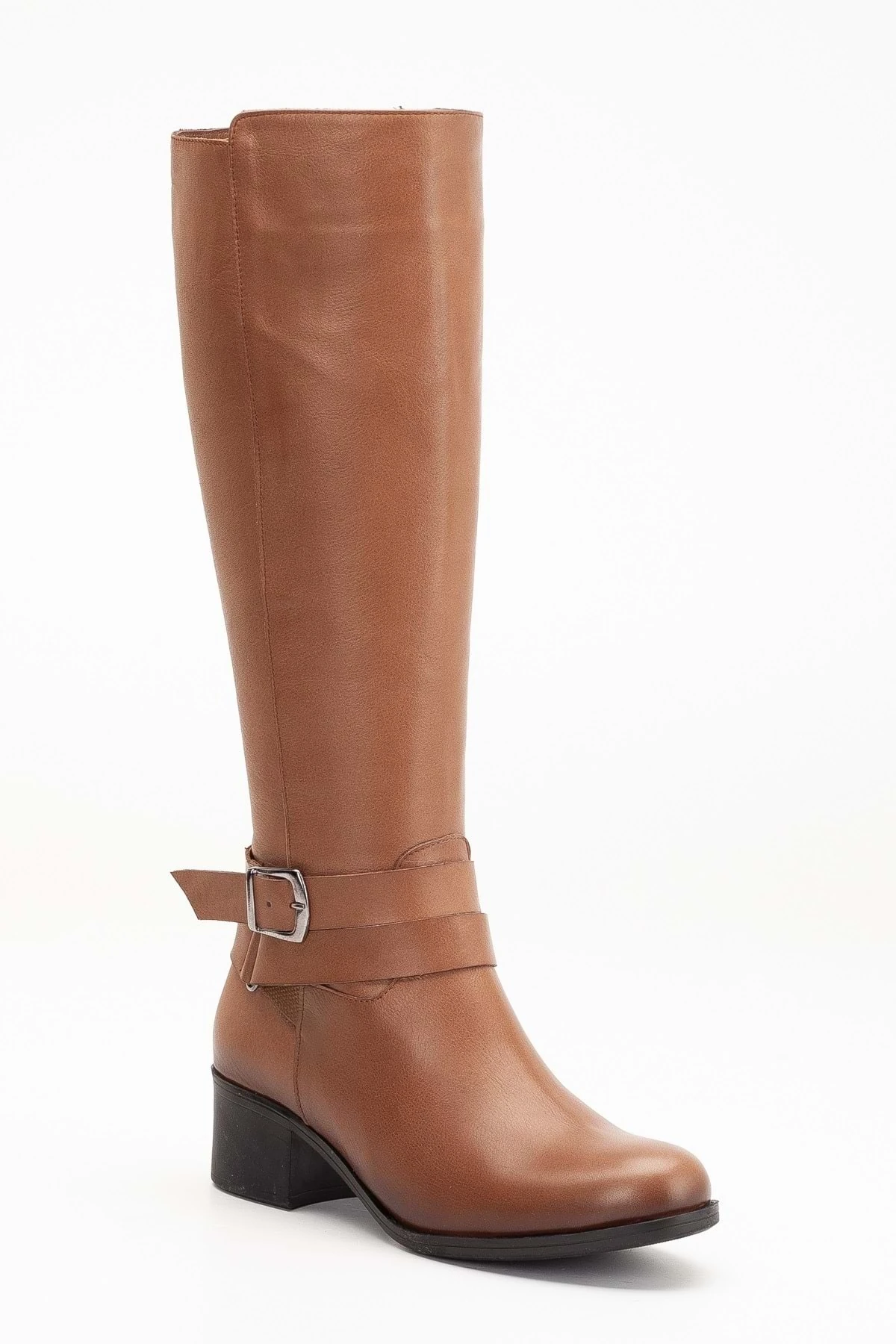 Kadın Hakiki Deri Tokalı Kalın Topuklu Çizme - CEVİZ