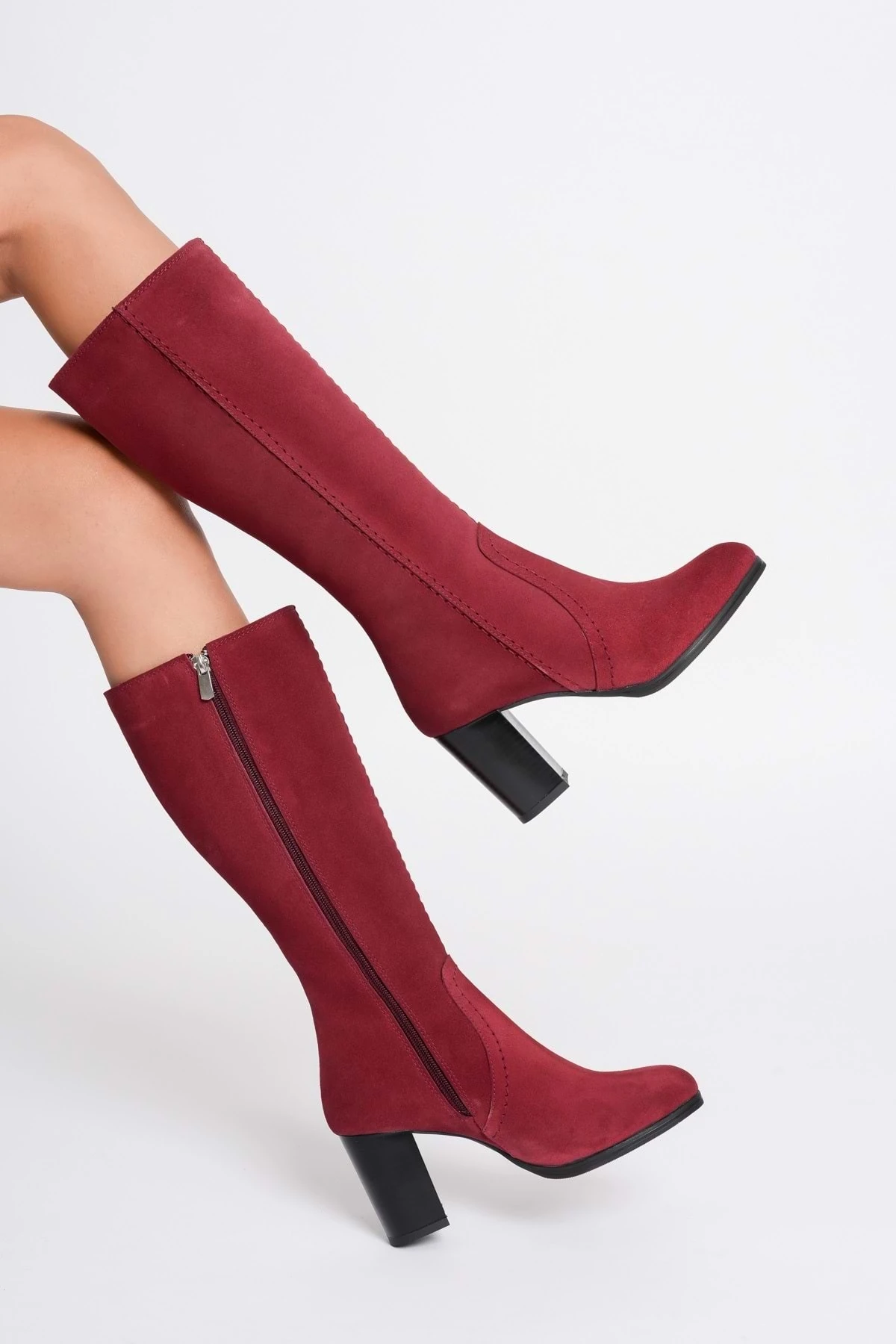 Kadın Hakiki Deri Topuklu  Çizme - Bordo