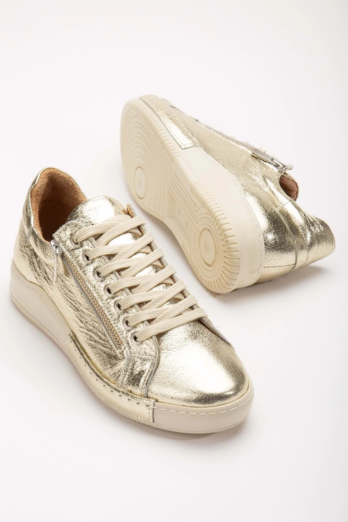 Kadın Hakiki Deri Fermuarlı Spor Ayakkabı - Altın